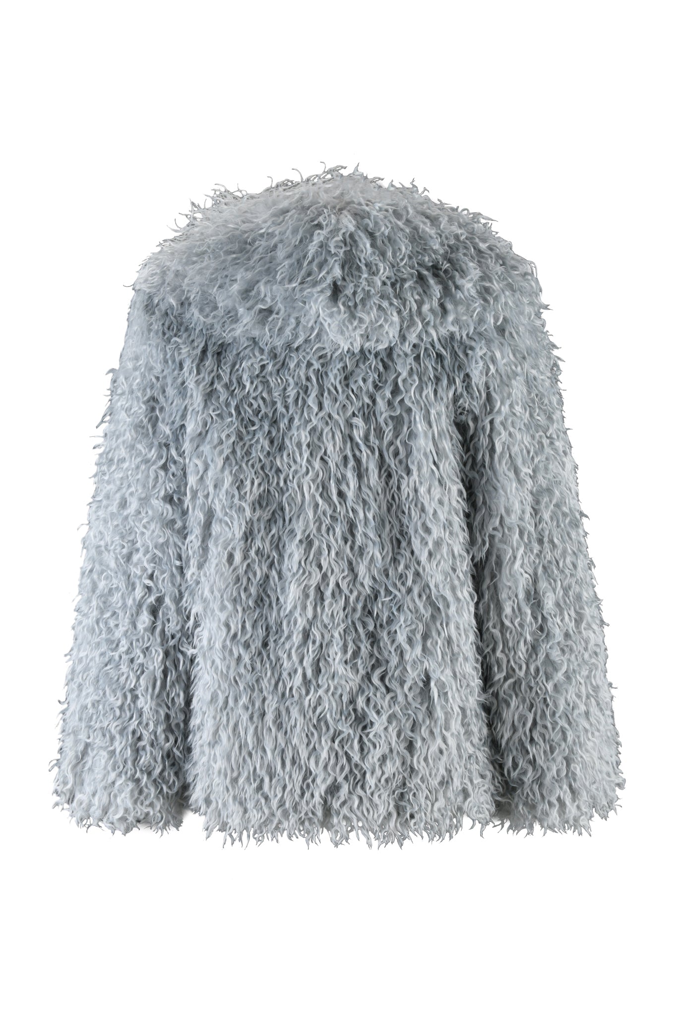 The ARAMINTA COAT - BLUE by I.AM.GIA is showcased from the back against a plain white background. This faux Mongolian sheepskin jacket, in a serene blue hue, features a hood and exhibits a soft, shaggy texture. Its oversized fit provides both comfort and style.