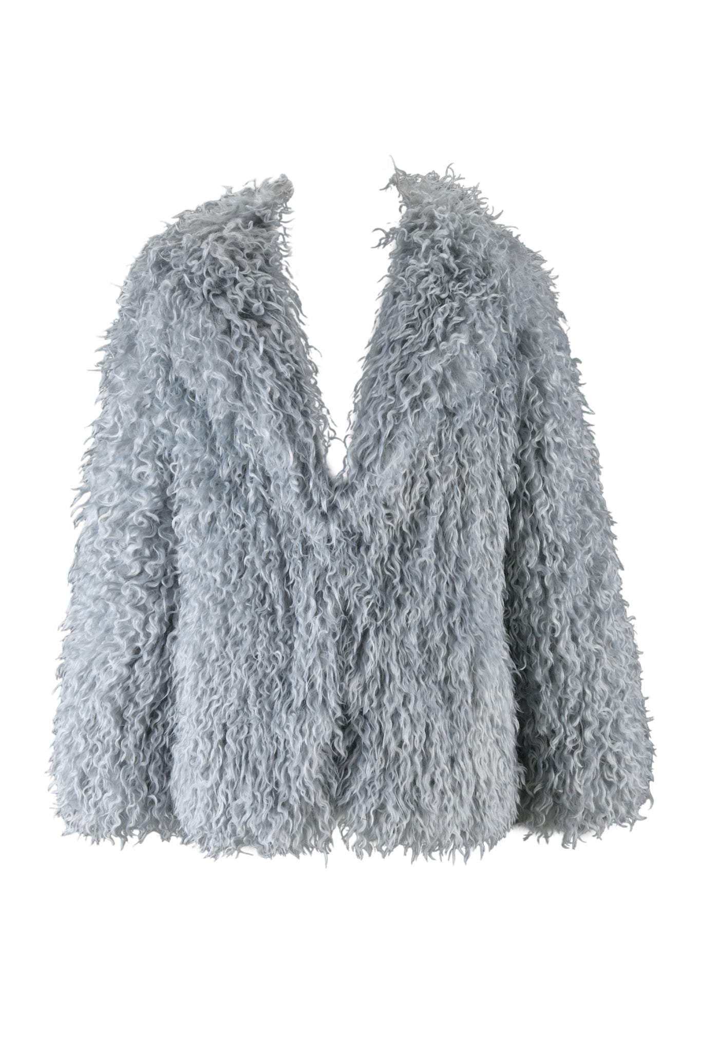 The ARAMINTA COAT - BLUE by I.AM.GIA is showcased against a white background, highlighting its ice blue color. This fluffy faux fur coat features an oversized fit, a wide collar, and long sleeves.