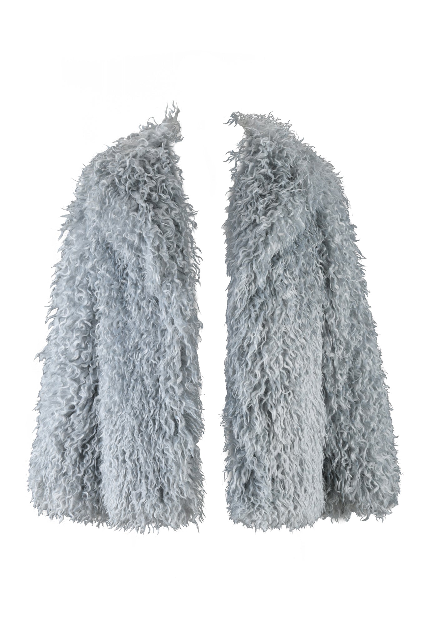 Displayed against a plain white background is the ARAMINTA COAT - BLUE by I.AM.GIA, featuring a cozy, oversized fit with a shaggy faux fur texture reminiscent of faux Mongolian sheepskin. This soft and warm jacket appears perfect for cold weather, with no visible fastenings or details.
