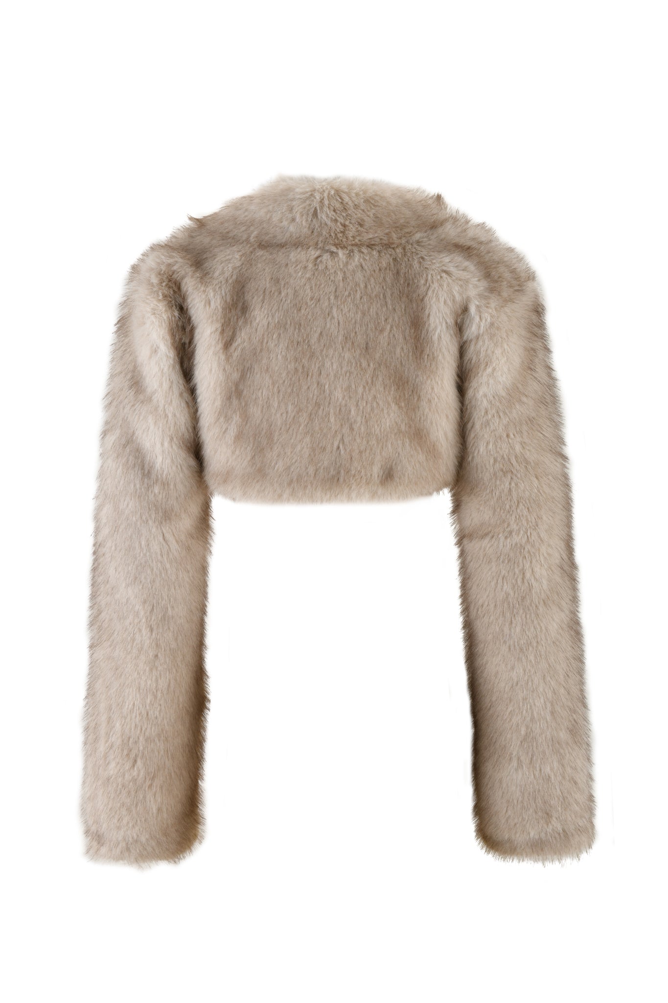 The ALBA BOLERO - NEUTRAL: TAUPE by I.AM.GIA is showcased on a plain white background, featuring a soft and fluffy cropped design in faux fur with a high collar and snug fit.