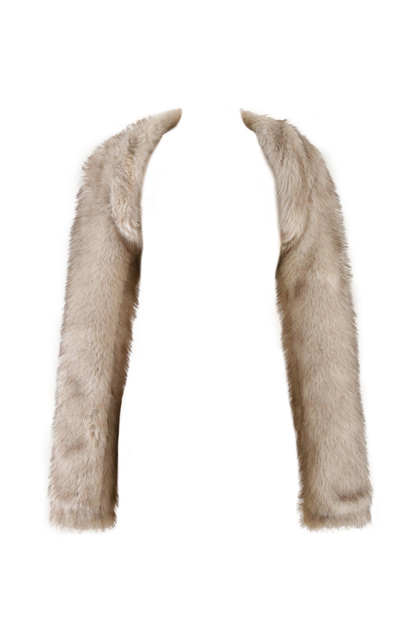 The ALBA BOLERO in Taupe from I.AM.GIA is a pair of thick, fluffy, and soft faux fur shoulder wraps isolated on a white background, resembling a luxurious and cozy bolero shrug jacket.