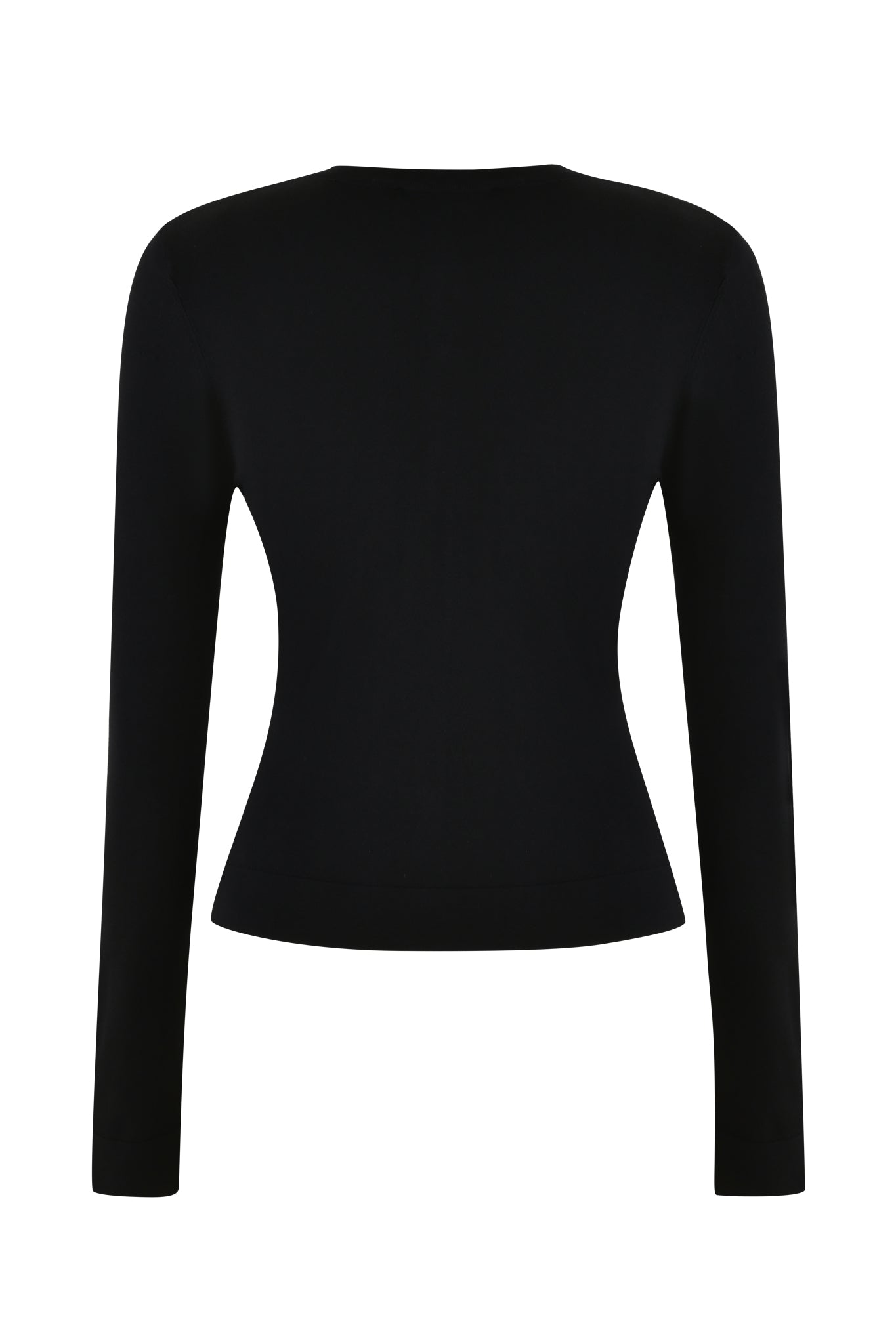 The AUDRINA CARDIGAN 2.0 - BLACK by I.AM.GIA showcases a form-fitting, long-sleeve silhouette with a tailored waist, crafted in knit fabric against a crisp white background.