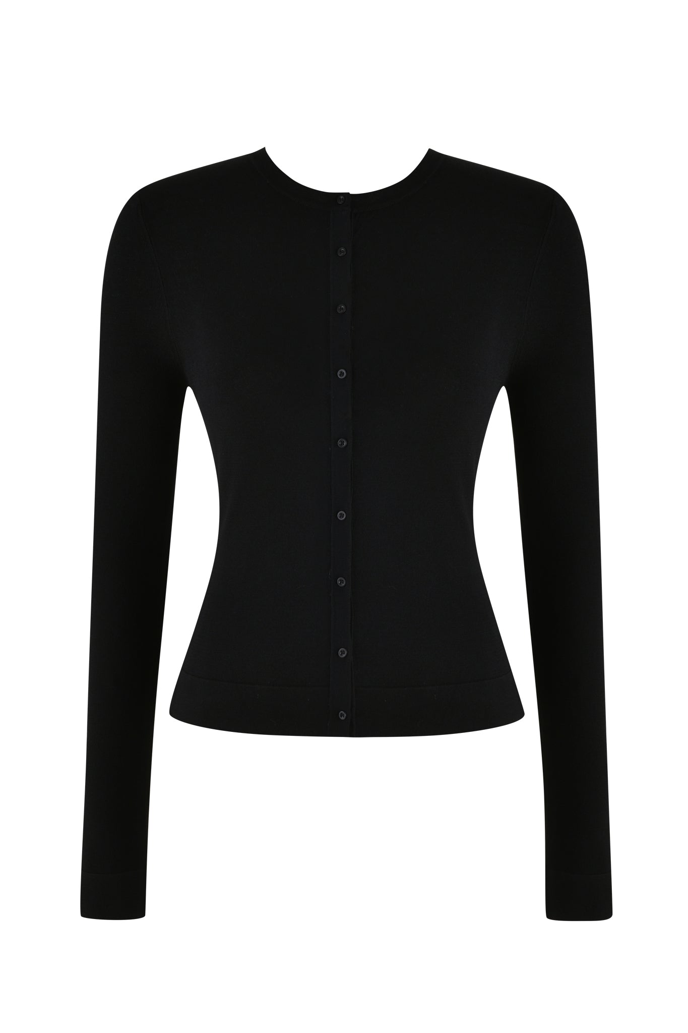 The AUDRINA CARDIGAN 2.0 - BLACK by I.AM.GIA is a black long-sleeve button-up with a round neckline and fitted silhouette, displayed on a white background. Made from knit fabric, it has front buttons that add elegance.