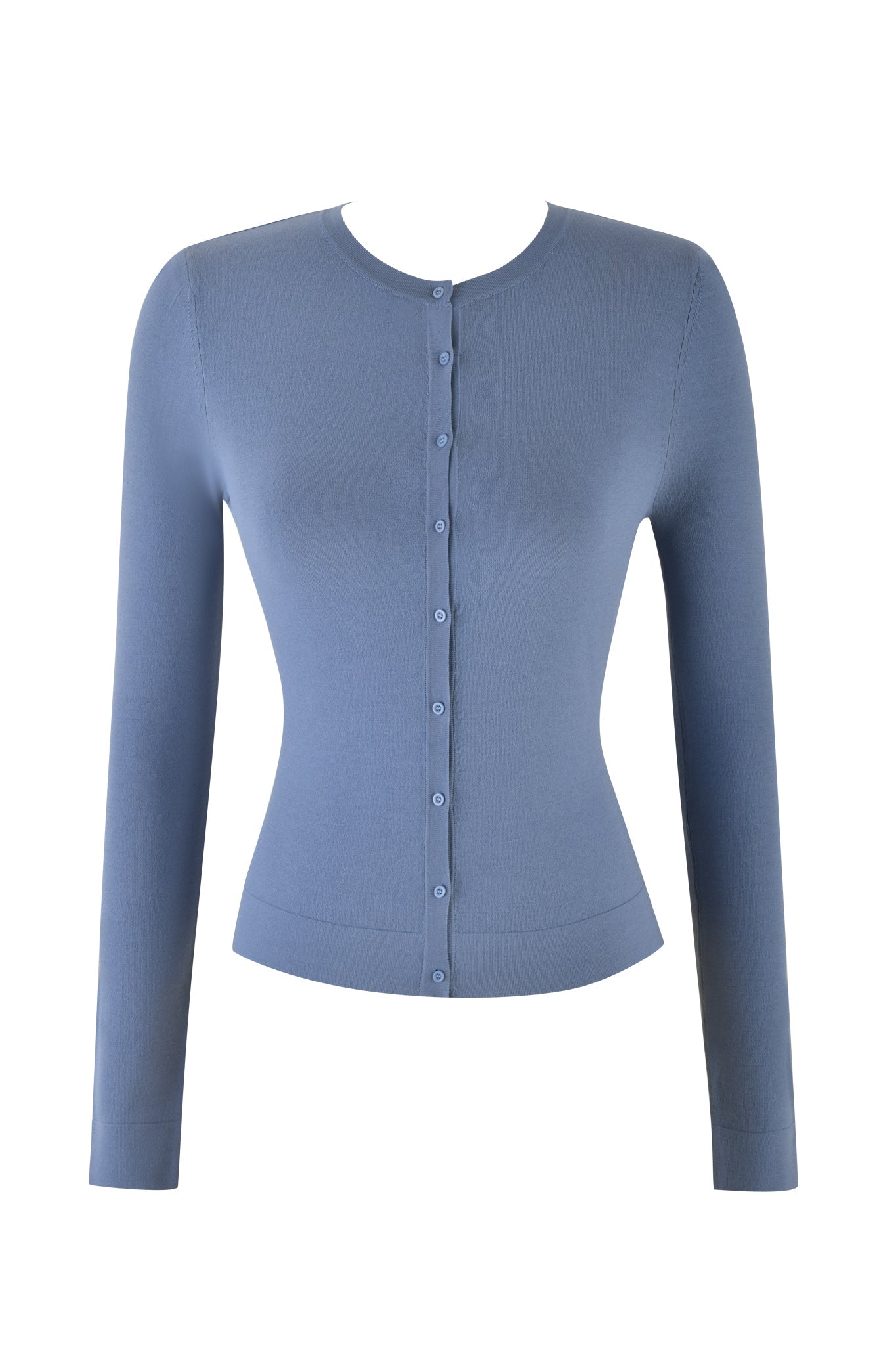 The AUDRINA CARDIGAN 2.0 - BLUE in steel blue by I.AM.GIA is displayed on a white background, featuring long sleeves, a fitted knit design, round neckline, and front buttons.