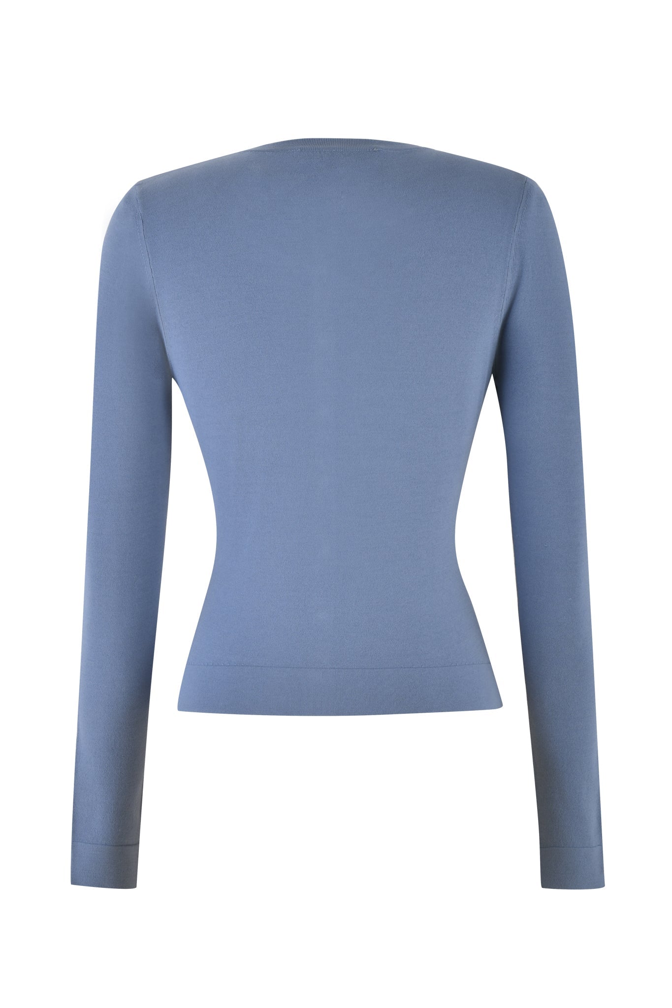 The AUDRINA CARDIGAN 2.0 in steel blue by I.AM.GIA is showcased with its back toward the camera, highlighting its long sleeves and seamless knit design for a sleek, form-fitting silhouette.