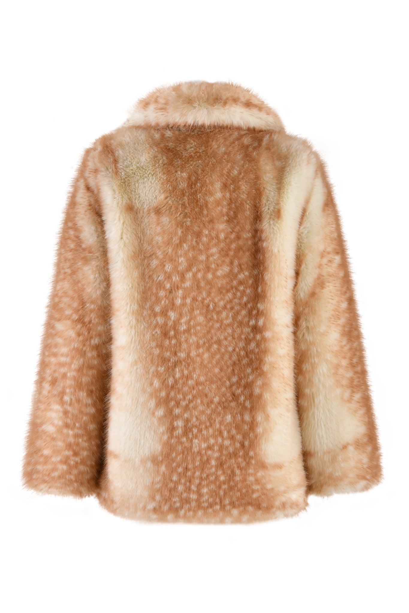 The BAMBI FUR COAT - NEUTRAL : BAMBI by I.AM.GIA features a relaxed fit, showcasing a fluffy, beige faux fur design with a charming bambi deer print, soft and thick texture, and a wide collar. The coat is displayed from the back against a white background.