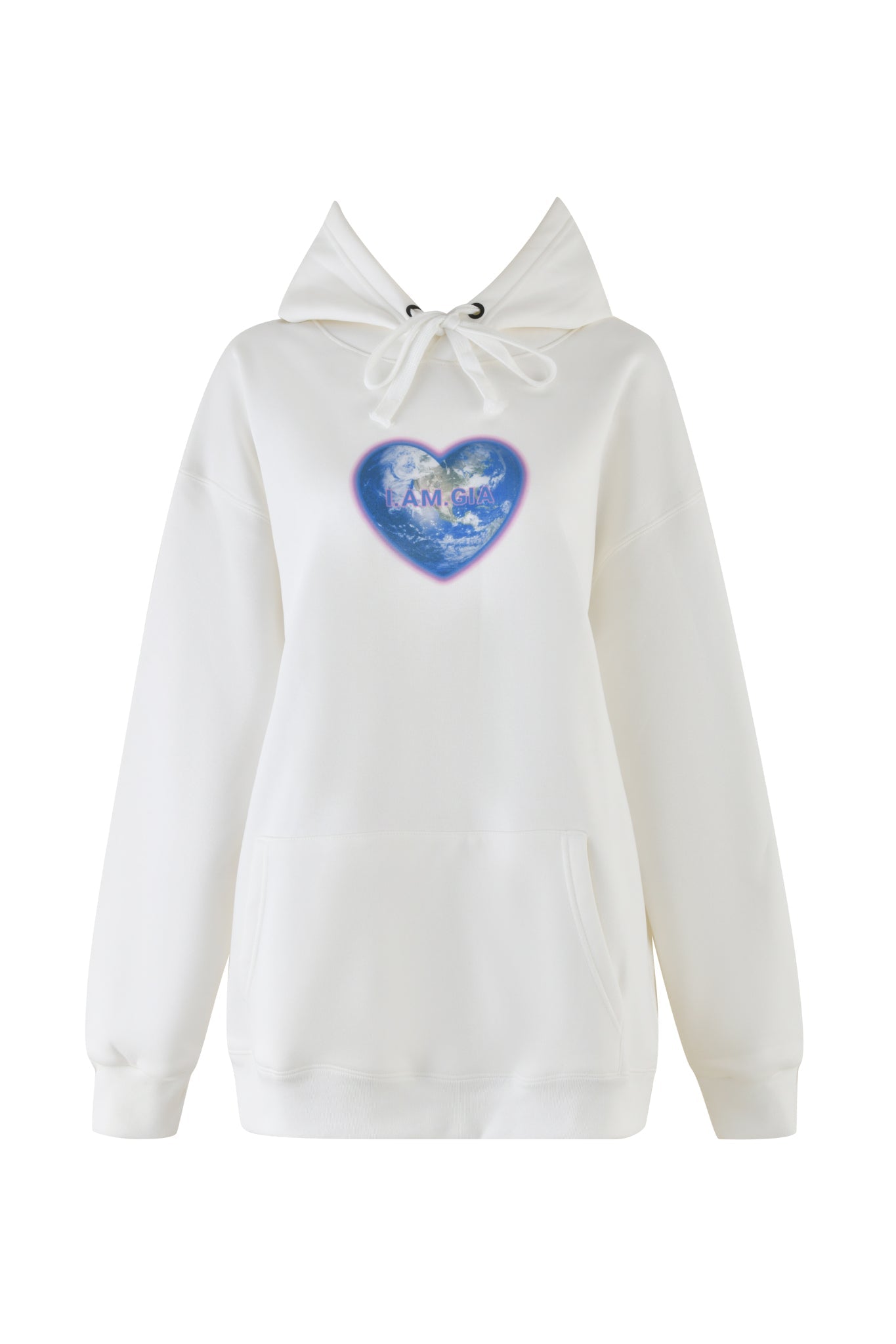 The HARMONY HOODIE - WHITE by I.AM.GIA is a white sweatshirt with a drawstring hood, front pocket, and a heart design featuring Earth and the words "I AM GM" on the chest.