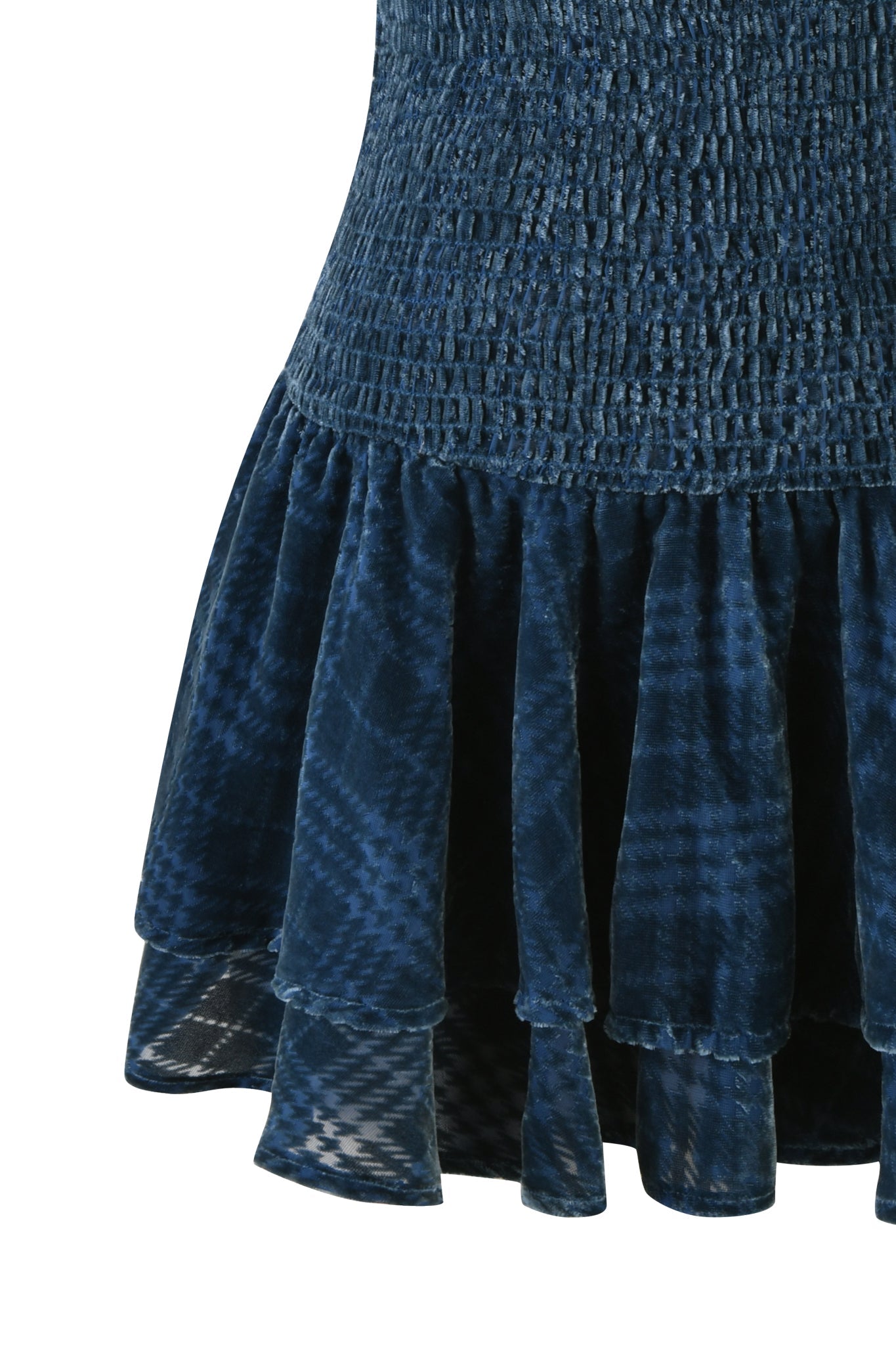 The JOSIE MINI DRESS by I.AM.GIA, in navy blue, showcases a strapless design with a ruched pattern and layered ruffle hem. This bodycon mini dress accentuates a subtle plaid look for added depth and dimension.