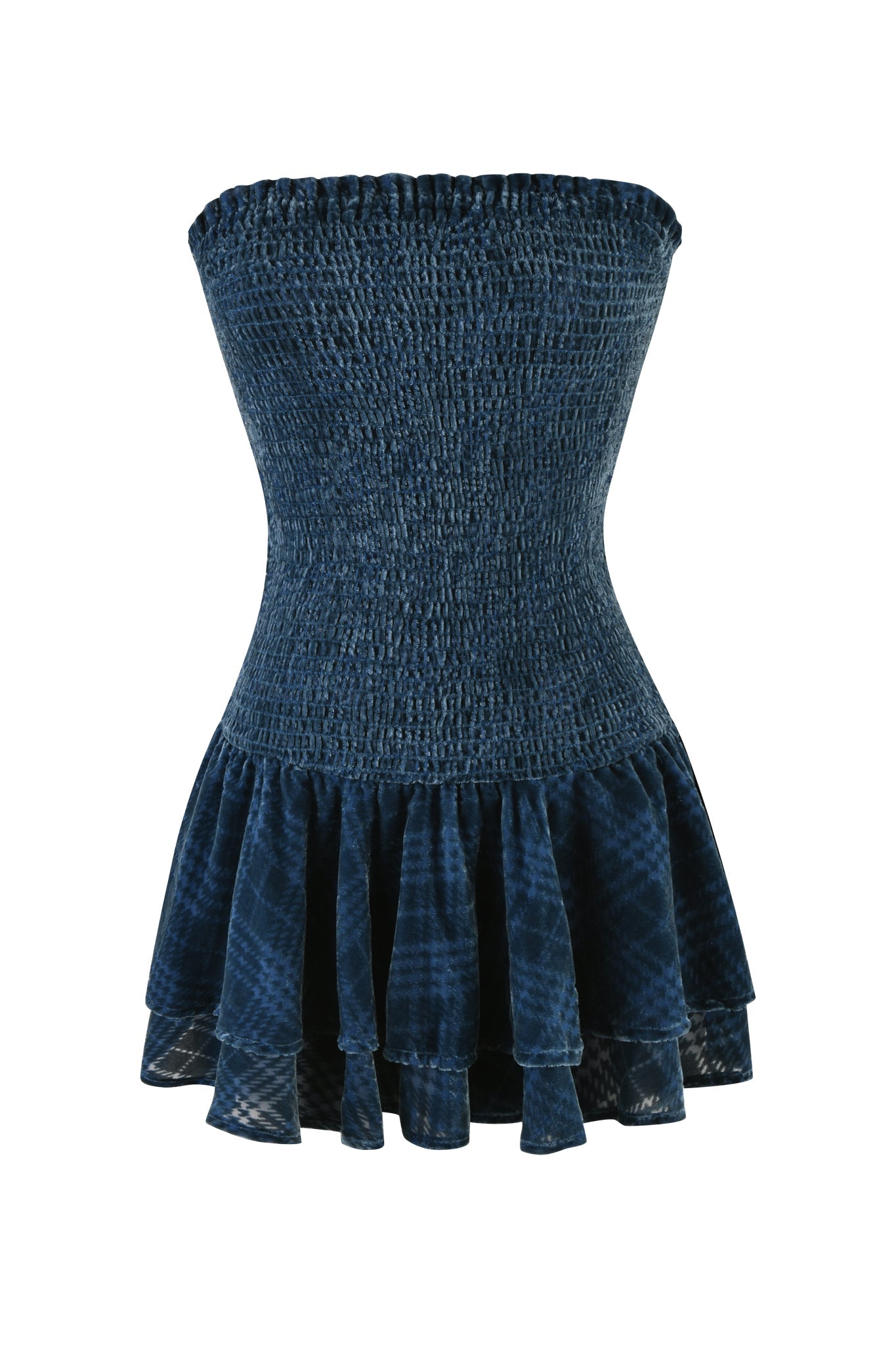 The JOSIE MINI DRESS - BLUE by I.AM.GIA features a navy strapless design with a smocked bodice and flared ruffled skirt, offering a blend of elegance and effortless charm.