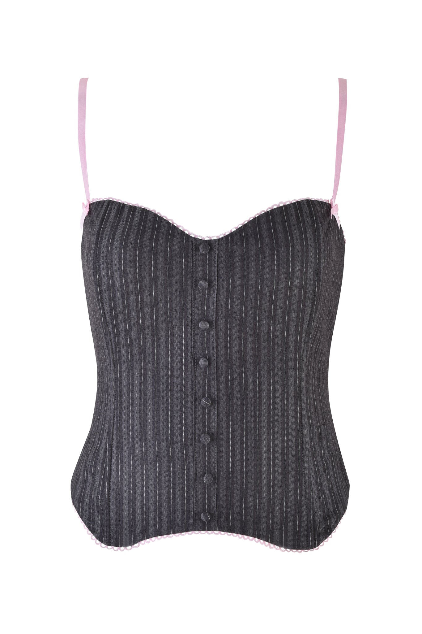 The FLORIAN CORSET by I.AM.GIA is a sleeveless, fitted grey pinstripe top with pink adjustable straps, front buttons, a sweetheart neckline, and pink lace trim on the top and bottom.