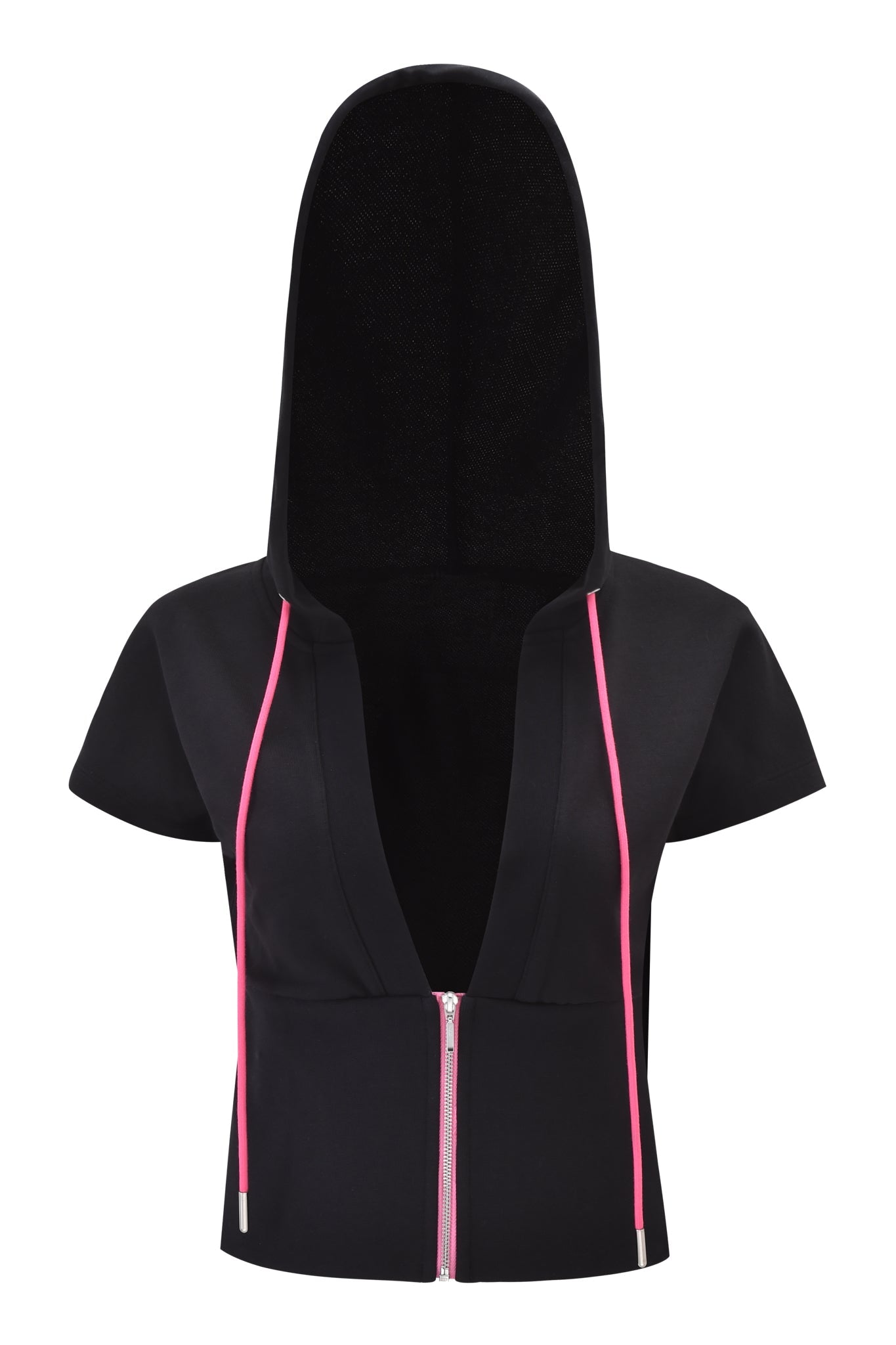 The ARLO TRACK JACKET - BLACK by I.AM.GIA features black French terry, a deep V-neck, oversized hood, front zipper, and bright pink drawstrings. Shown cropped with short sleeves against a plain white background.
