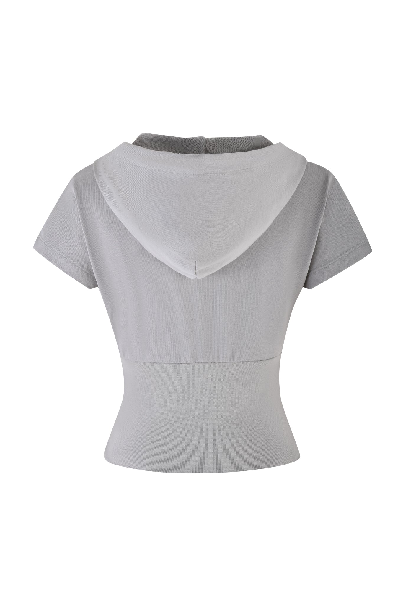 The ARLO TRACK JACKET by I.AM.GIA, in a back view, is a soft French terry hooded top in light gray. It has short sleeves, a relaxed fit with a slightly flared waist, and features a neon pink drawstring for a casual and comfortable look.