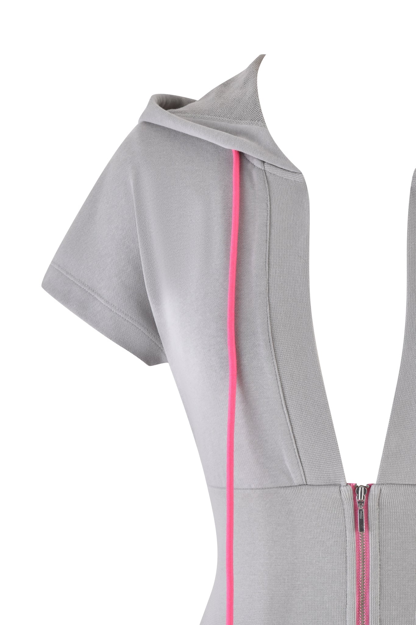 A close-up of the ARLO TRACK JACKET - GREY by I.AM.GIA, featuring a zipper and deep V-neckline. It includes a neon pink drawstring on one side and showcases French terry fabrication for casual charm.