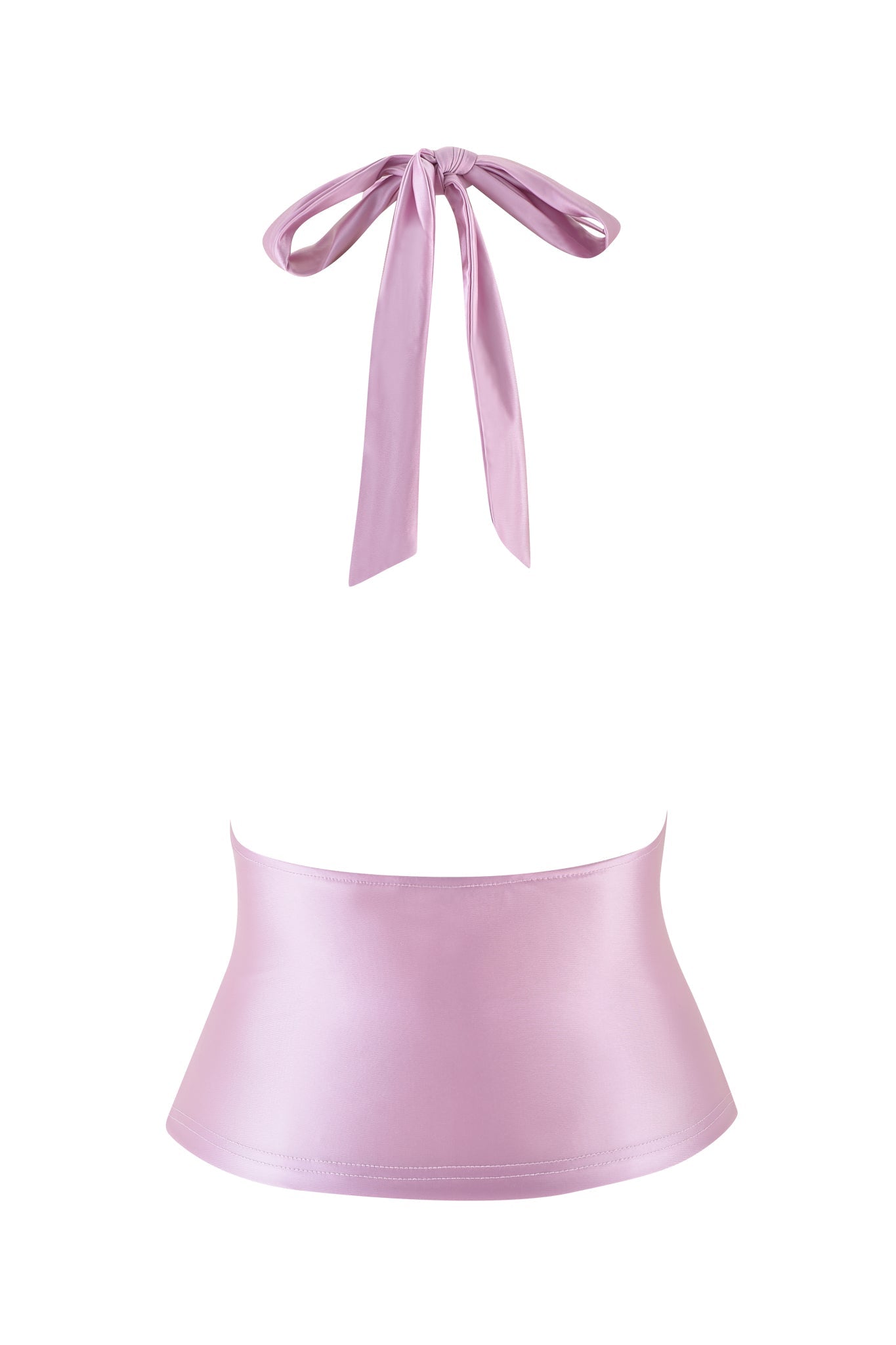 The I.AM.GIA AURELIA HALTER TOP in pink is a sleeveless, metallic baby pink piece with a large bow tie at the neck. It features a smooth, shiny texture and offers a subtle bodycon fit for chic appeal.