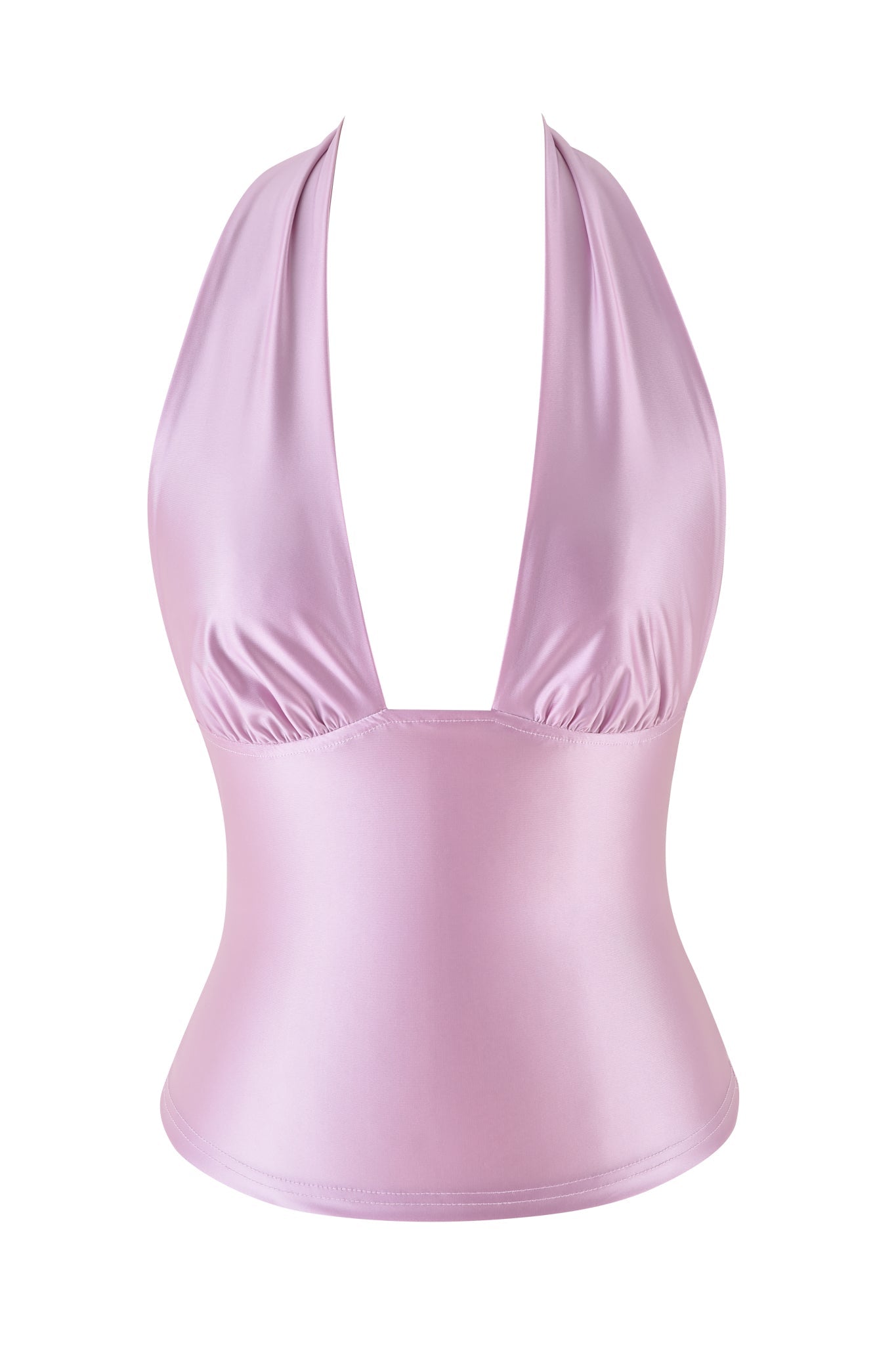 The AURELIA HALTER TOP by I.AM.GIA is baby pink satin with a deep V neckline, fitted waist, and a glossy texture. This sleeveless design features a bodycon fit and backless style.