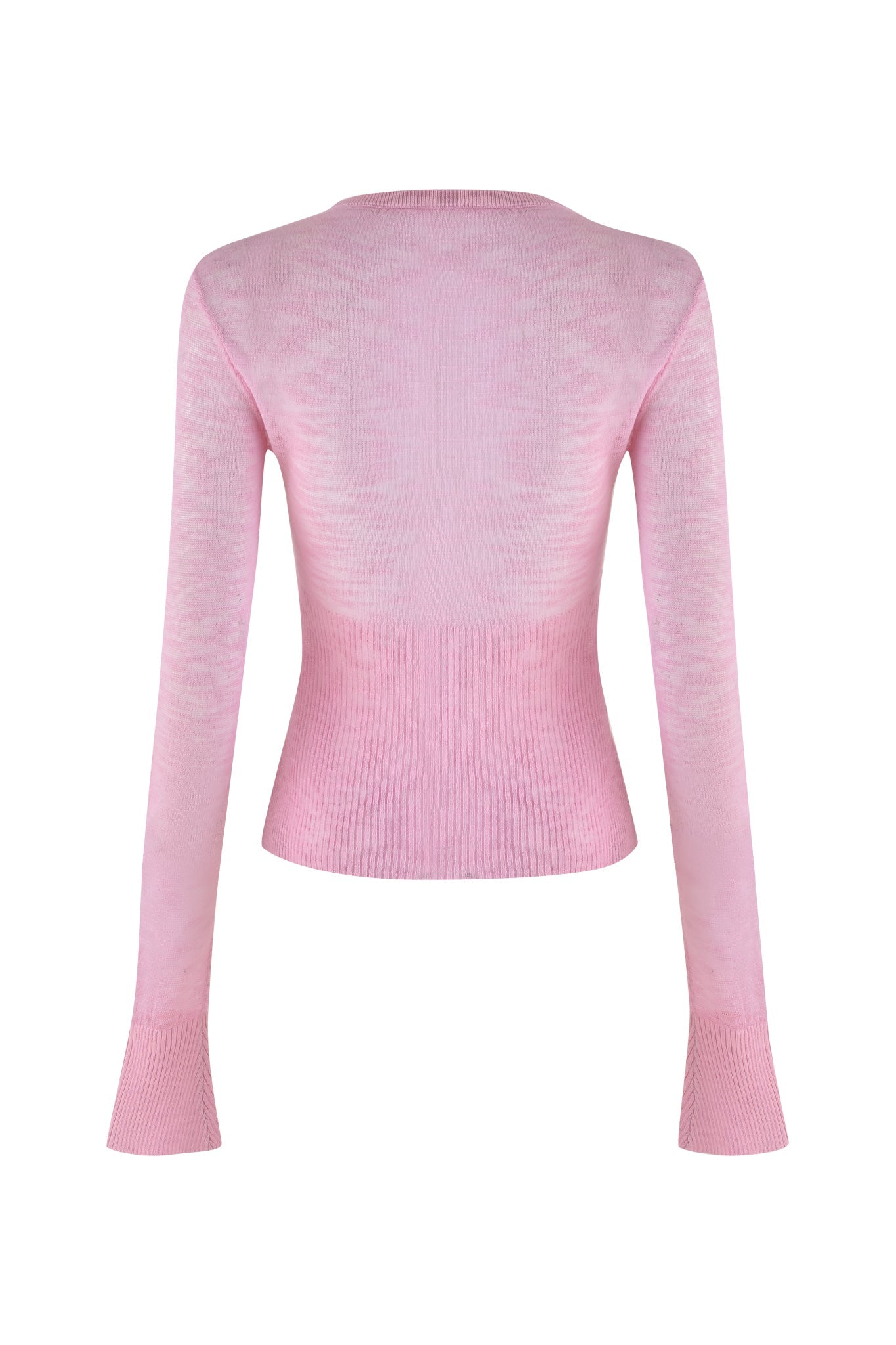 The image displays the MARIPOSA TOP by I.AM.GIA, a long-sleeve pink sweater with ribbed cuffs and hem for a fitted waist. Crafted from ultra-light yarn, its fabric is soft, presenting a simple and elegant style. Viewed from the back.