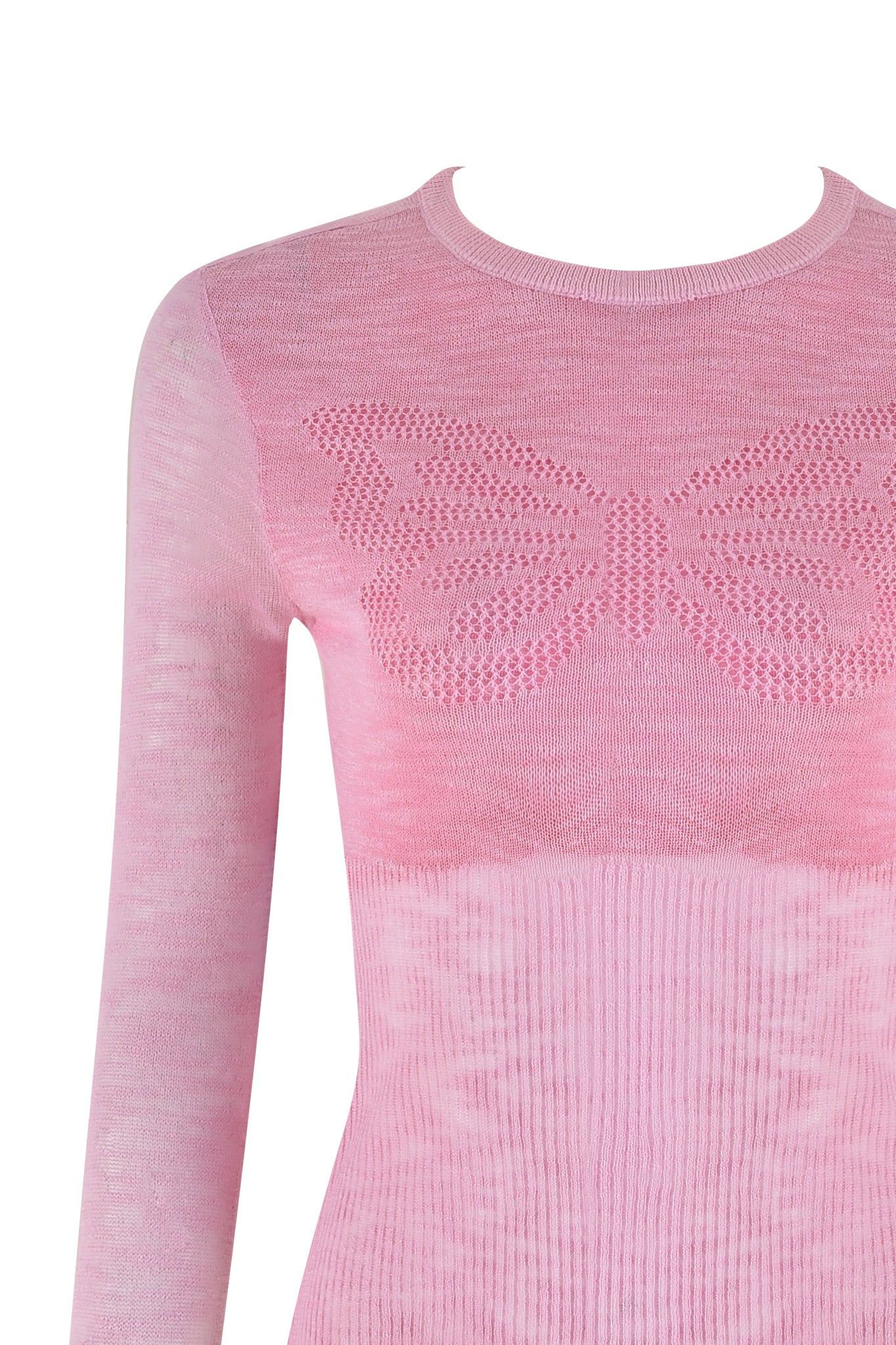 The MARIPOSA TOP - PINK by I.AM.GIA is a baby pink sweater with long sleeves and a large, textured butterfly design on the chest, crafted from ultra light yarn for a unique texture and delicate charm.