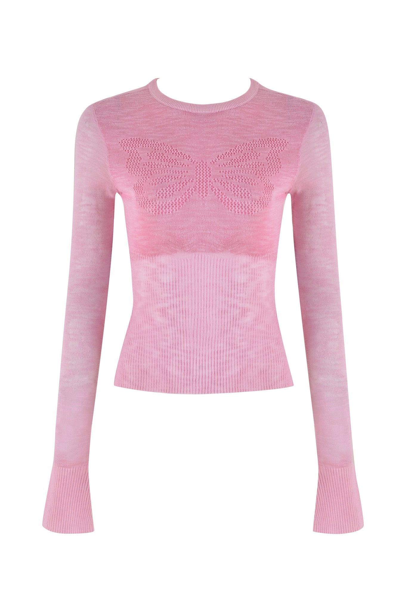 The MARIPOSA TOP - PINK by I.AM.GIA is a long-sleeved, baby pink sweater made with ultra-light yarn, boasting an open knit butterfly design on the chest. The semi-sheer fabric and ribbed cuffs add texture to this fitted piece.