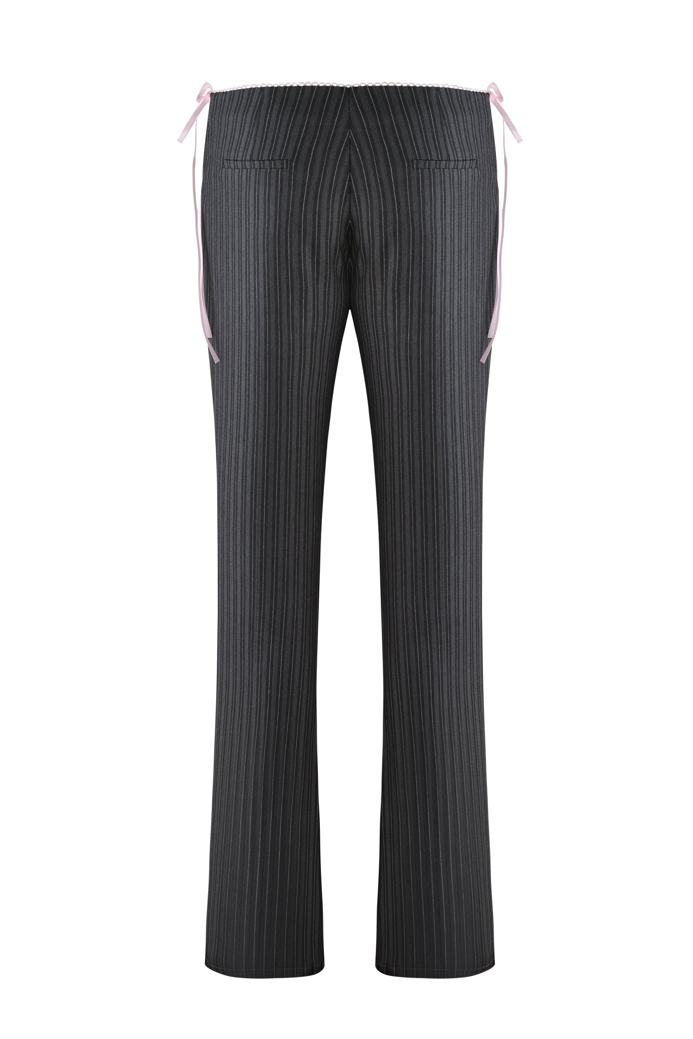 Back view of the I.AM.GIA FLORIAN PANT in grey pinstripe, featuring flared legs with pink ribbon waist ties, vertical white stripes, lace-up details, and two back pockets.