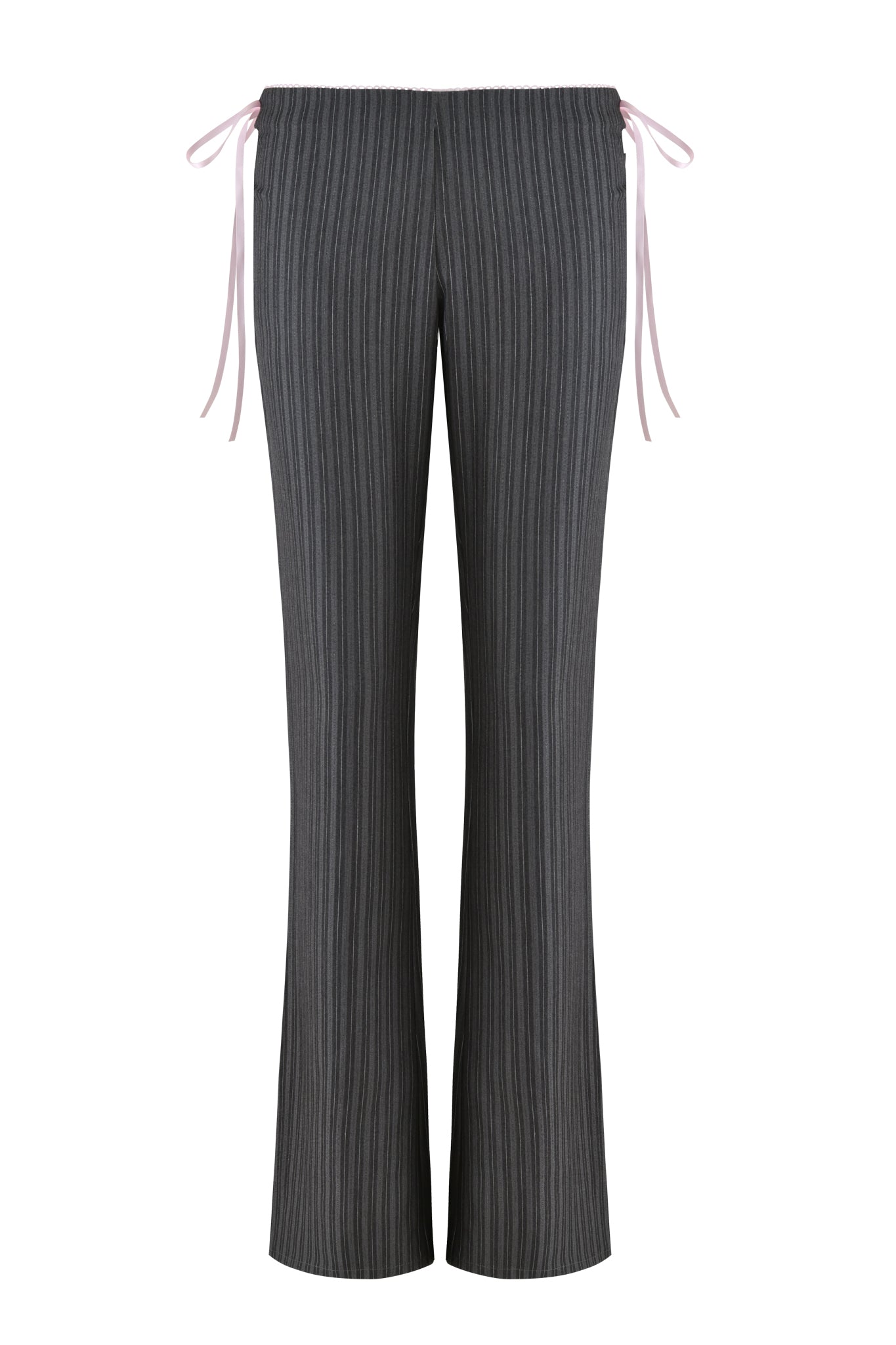 The FLORIAN PANT - GREY by I.AM.GIA features a flared leg with pink ribbons at each hip. Made from soft grey pinstripe fabric, the pants offer a casual yet stylish look.