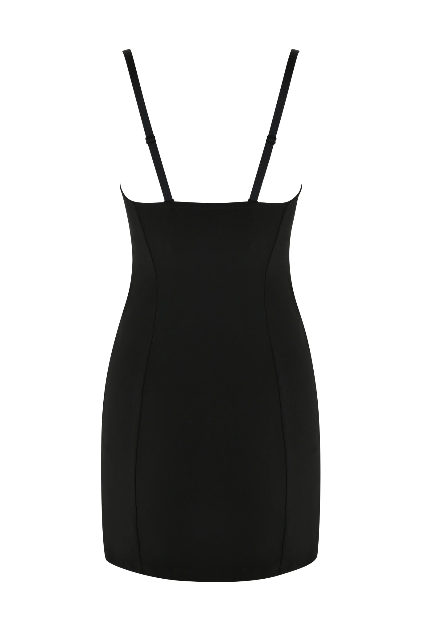 The FRANCESCA MINI DRESS by I.AM.GIA is showcased on a white background, featuring a strappy black design with a sweetheart neckline and fitted silhouette.