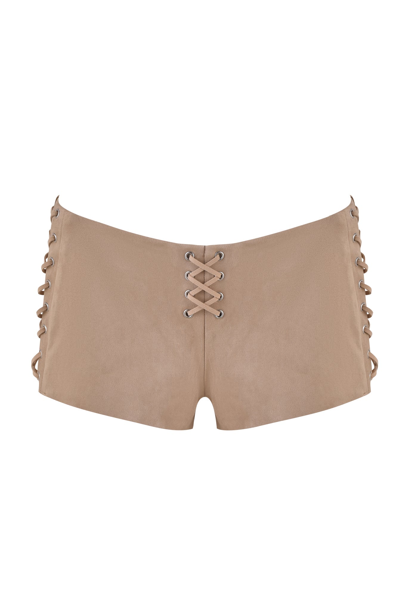 The RAMONA SHORT - BEIGE: TAN by I.AM.GIA are tan high-waisted faux suede shorts with a stylish, modern lace-up design and eyelets on the front and sides.