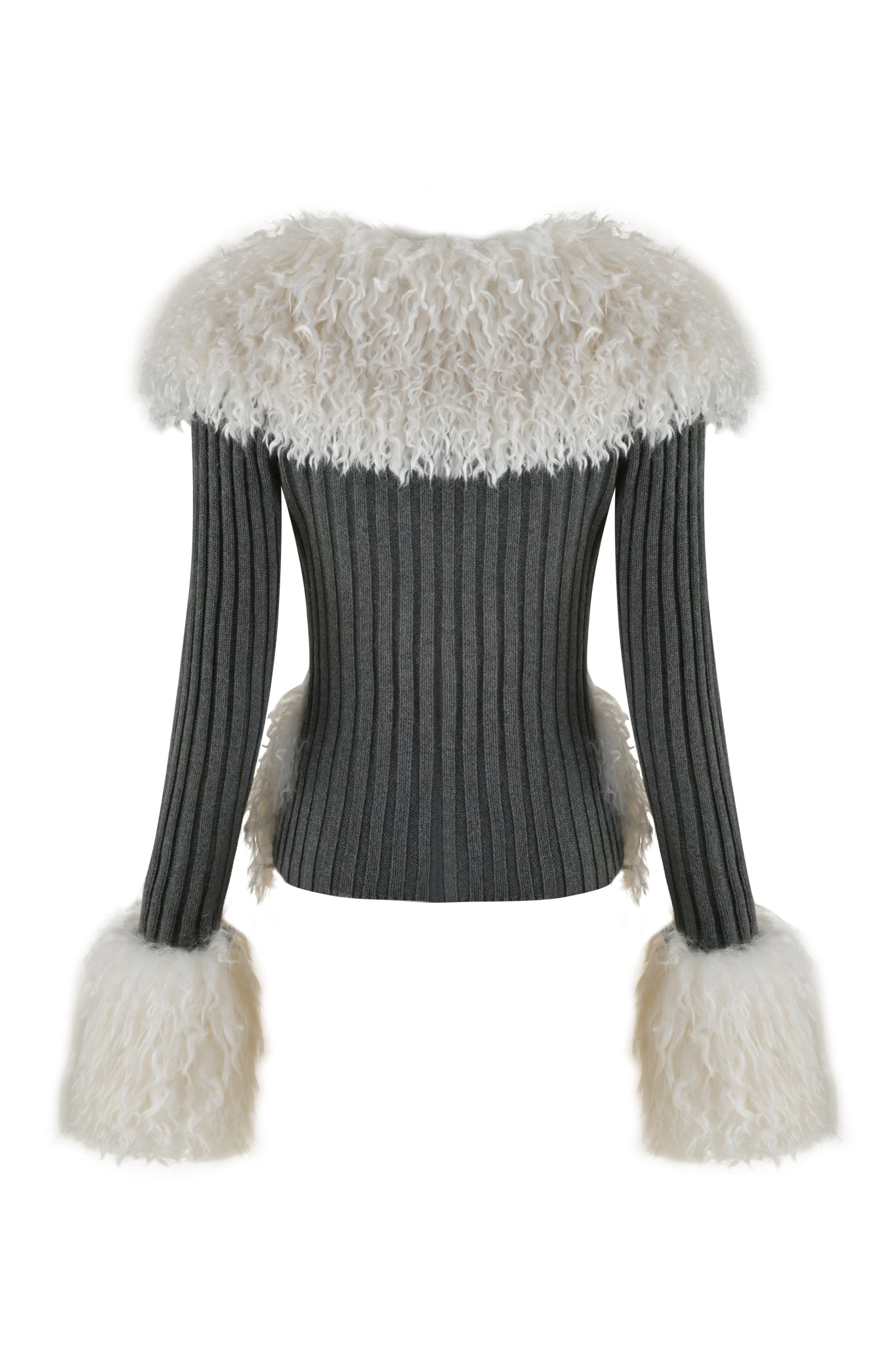 The CRESSIDA JACKET - GREY by I.AM.GIA is a rib knit design with long sleeves, featuring a wide, fluffy faux fur collar and cuffs. It boasts a fitted silhouette for an appealing contrast between its textured fabric and voluminous trim.