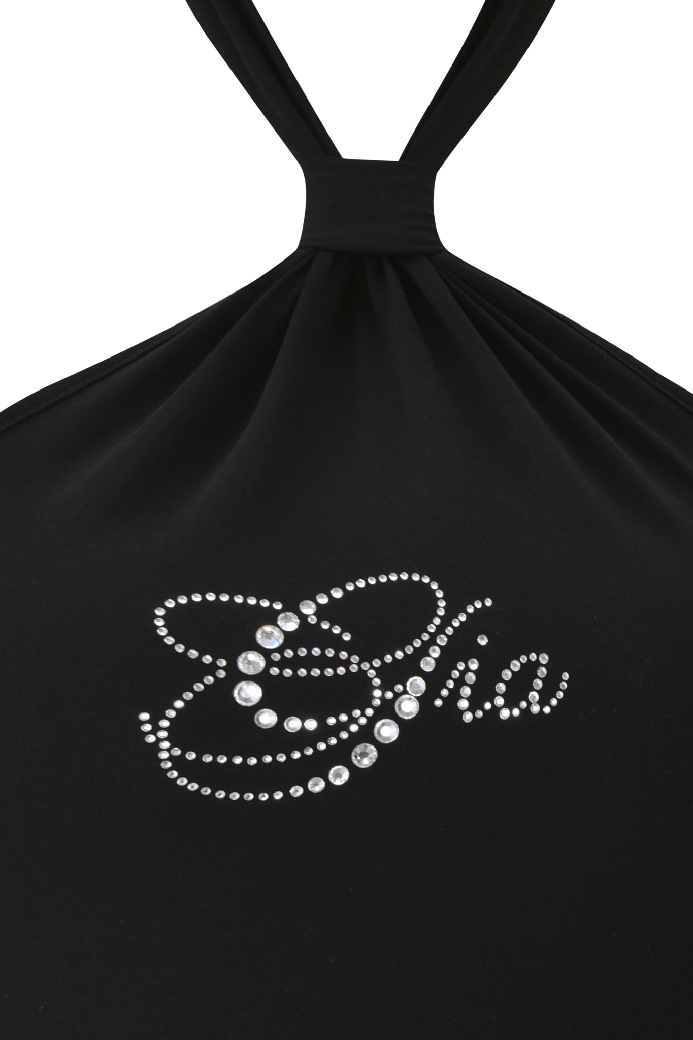Close-up of the I.AM.GIA ROWAN TOP - BLACK, a bamboo halter featuring "cha" in silver rhinestones with decorative swirls.