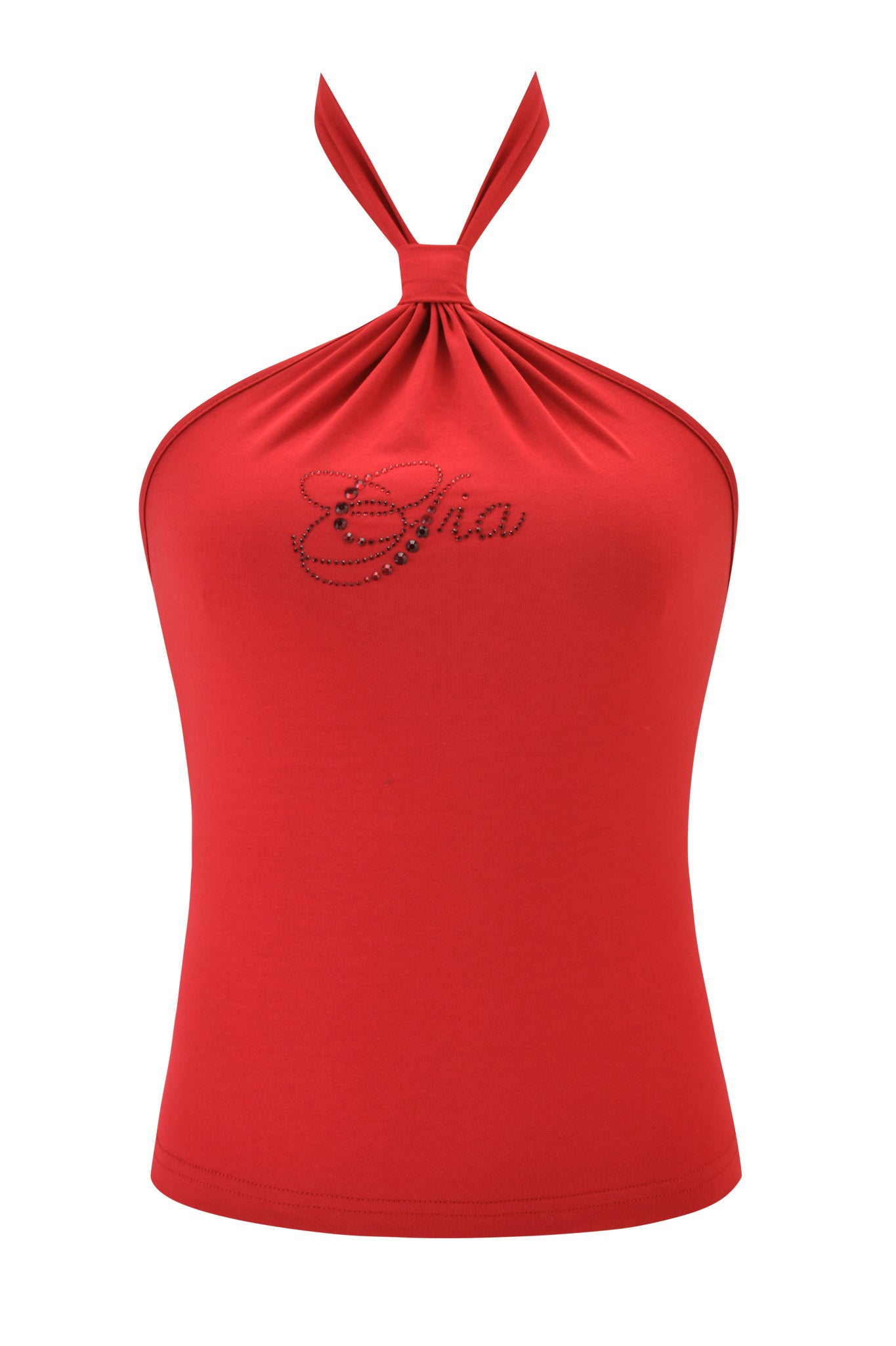 The ROWAN TOP - RICH RED by I.AM.GIA is a fitted, sleeveless halter-neck bodycon top in smooth jersey with a knotted neckline and black rhinestone "Cha" detail on the front.