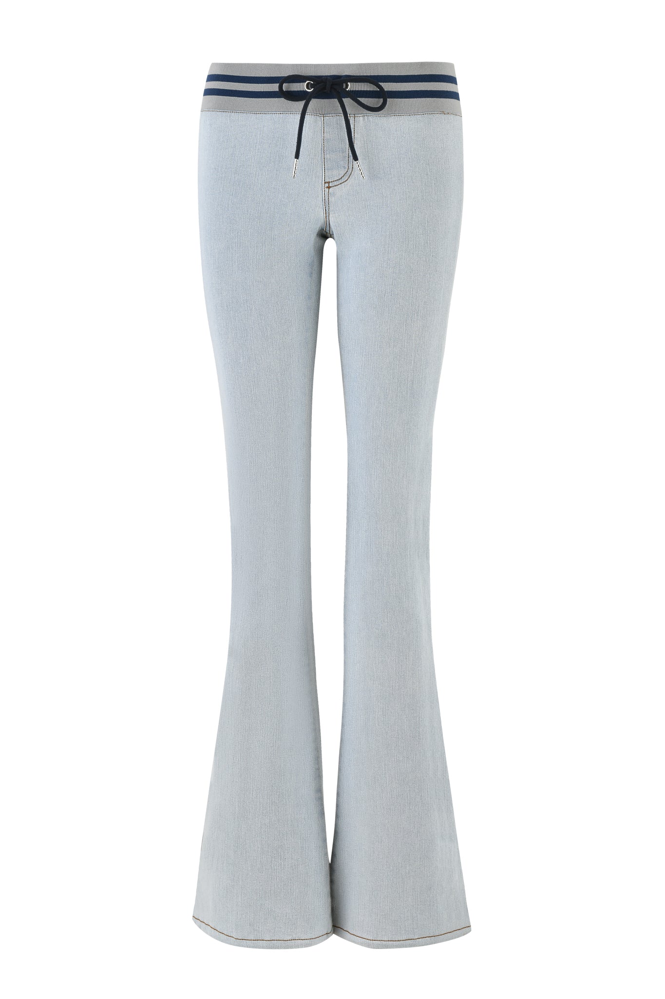 The LENNOX JEAN - BLUE from I.AM.GIA is a high-waisted, light-wash denim with black drawstring waistband, dark blue stripe detail, and classic seam down the leg.
