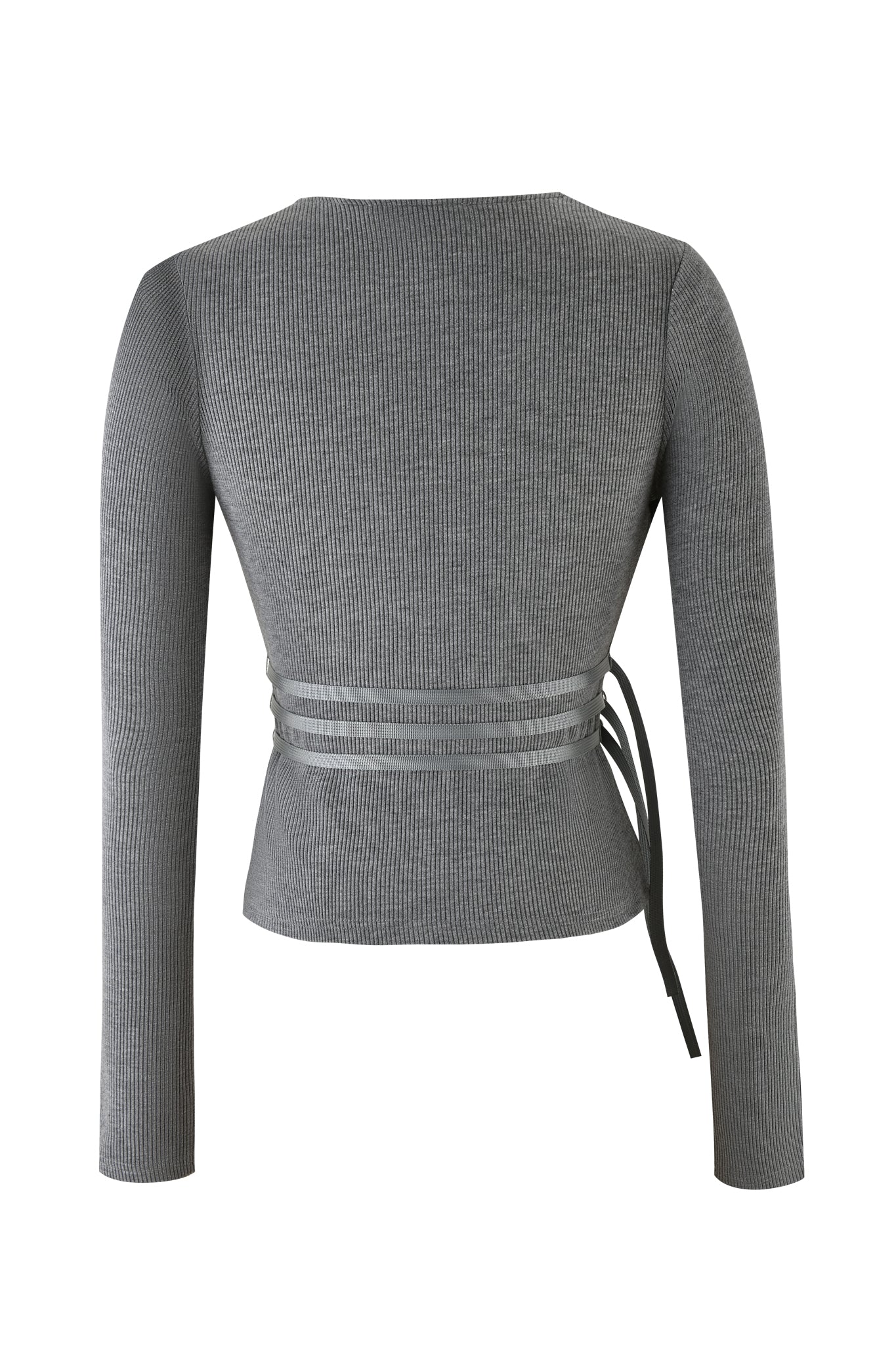 The TESSA TOP - GREY by I.AM.GIA is a heather gray, long-sleeved ribbed top with utility-style belts at the waist, viewed from the back.