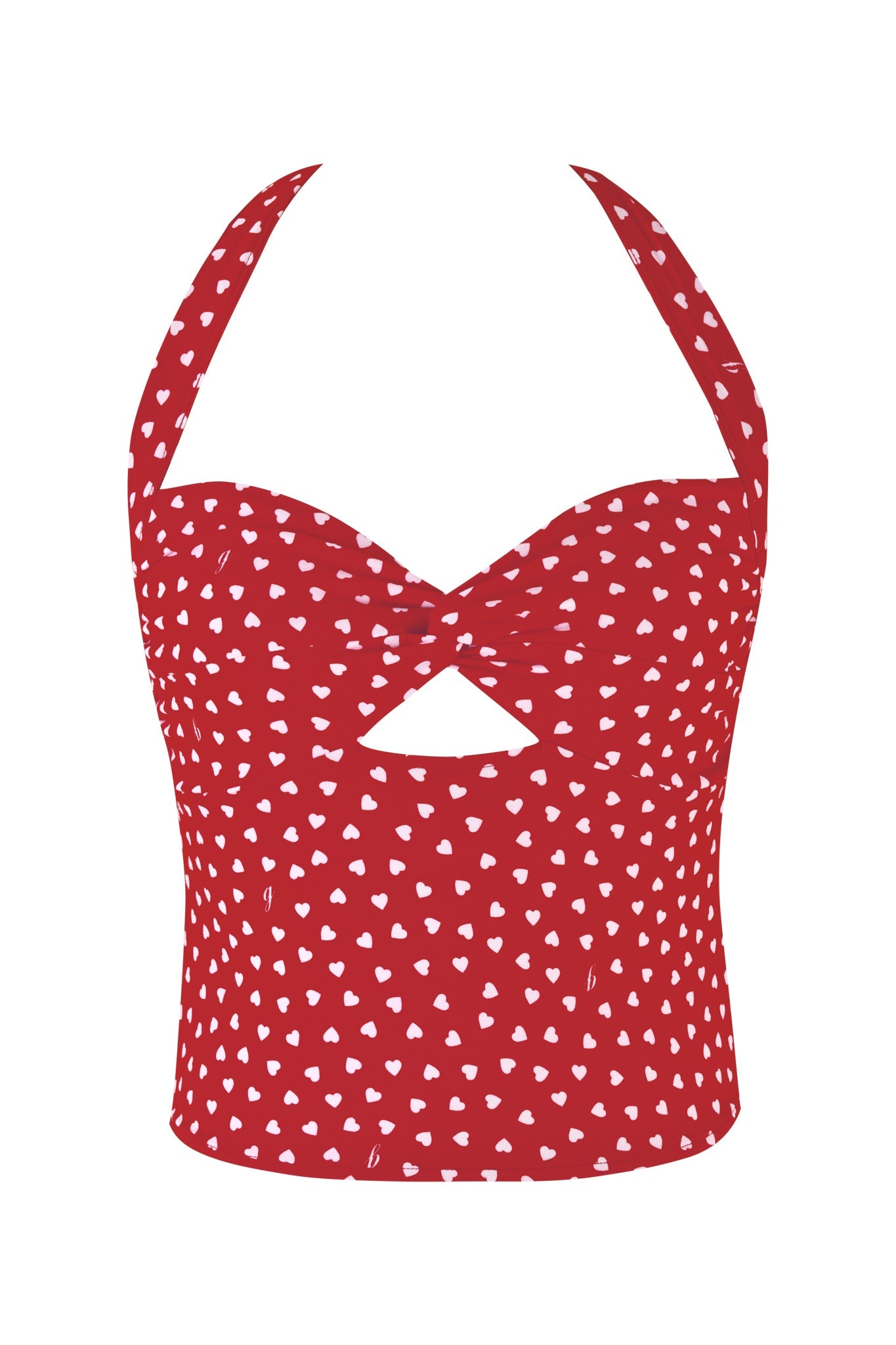 The KAYA TOP - RED : RED HEARTBEAT by I.AM.GIA features a halter style with sweetheart neckline and central cutout, displaying a bodycon fit that accentuates your figure, while its fabric boasts a playful pattern of small white hearts.