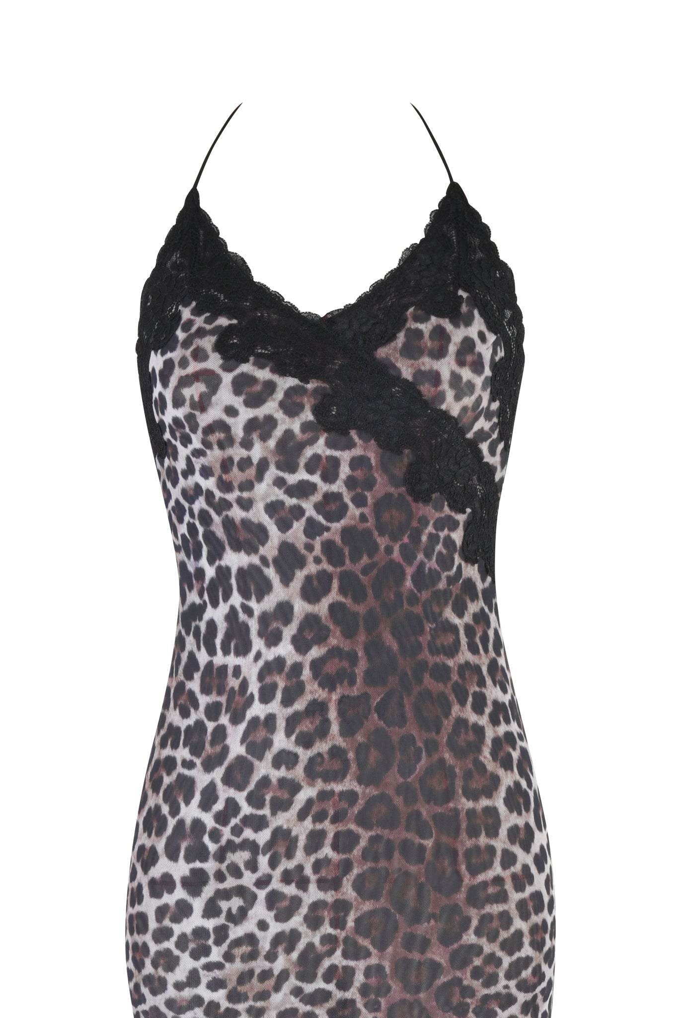 The I.AM.GIA HAVEN MAXI DRESS - CLASSIC LEOPARD is a sheer mesh halter dress with leopard print, black lace trim at the neckline and bust, and thin straps for a strikingly sultry look.