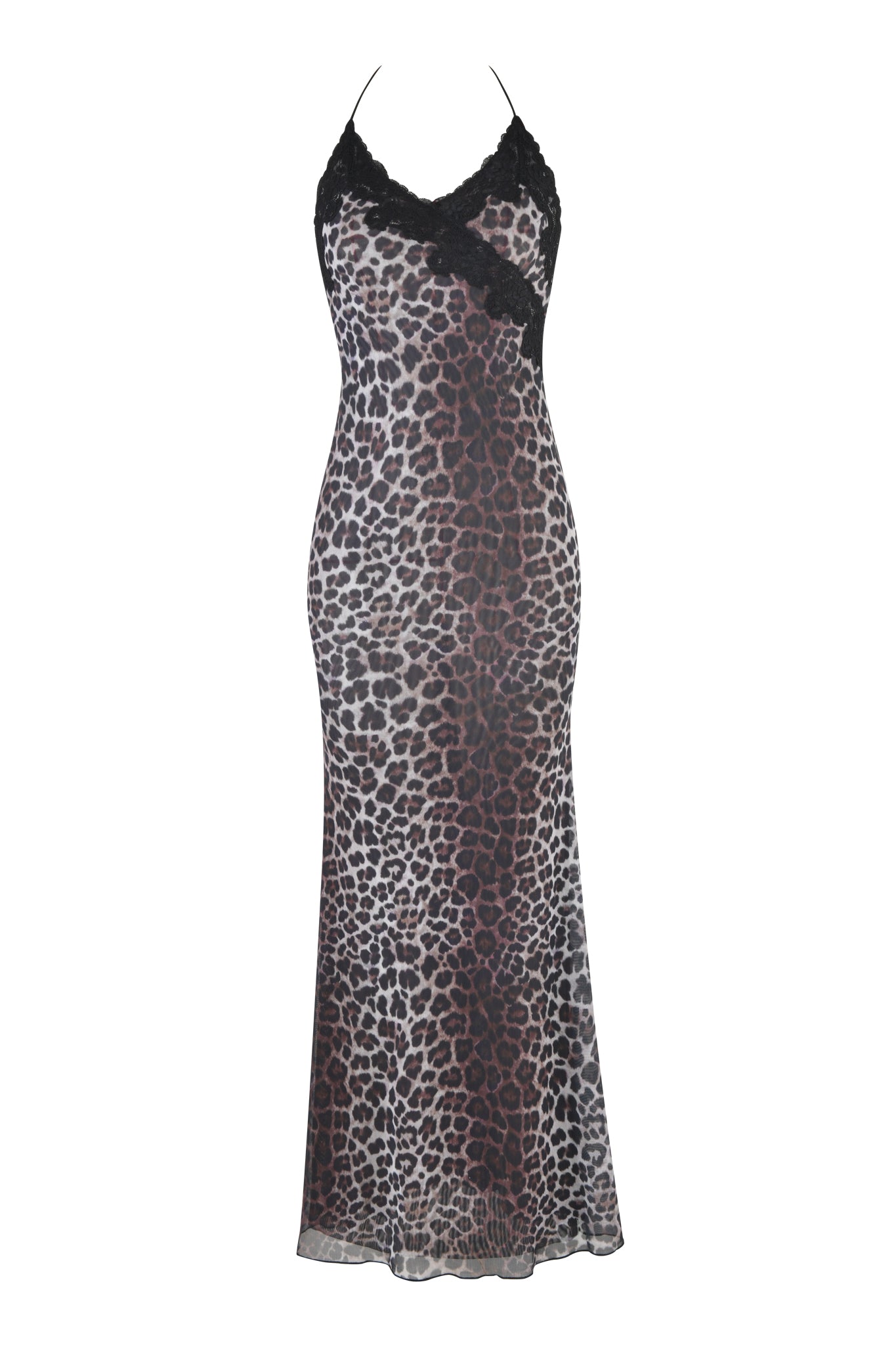 The I.AM.GIA HAVEN MAXI DRESS - CLASSIC LEOPARD is a sleeveless mesh halter dress with black lace trim, showcasing a sheer floor-length silhouette in brown and black leopard print, displayed on a white background.