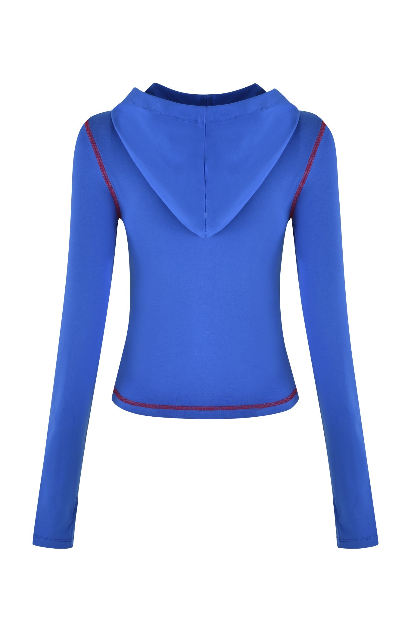 The back view of I.AM.GIA's Blare Hoodie in royal blue shows off its fitted design with red stitching and the GIA Flame logo for a modern, sporty vibe. Featuring a centered hood and slightly cropped length, it adds a sleek appeal to any outfit.