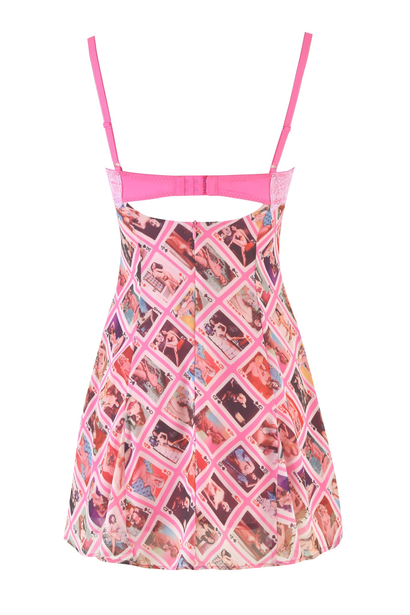 The LUELLA MINI DRESS - PINK by I.AM.GIA is a sleeveless piece featuring a sweetheart neckline and thin straps. It flaunts an exclusive GIA Face Card print, inspired by vintage lingerie, in bright pink with retro-style square images and a fitted top that flares slightly at the skirt.