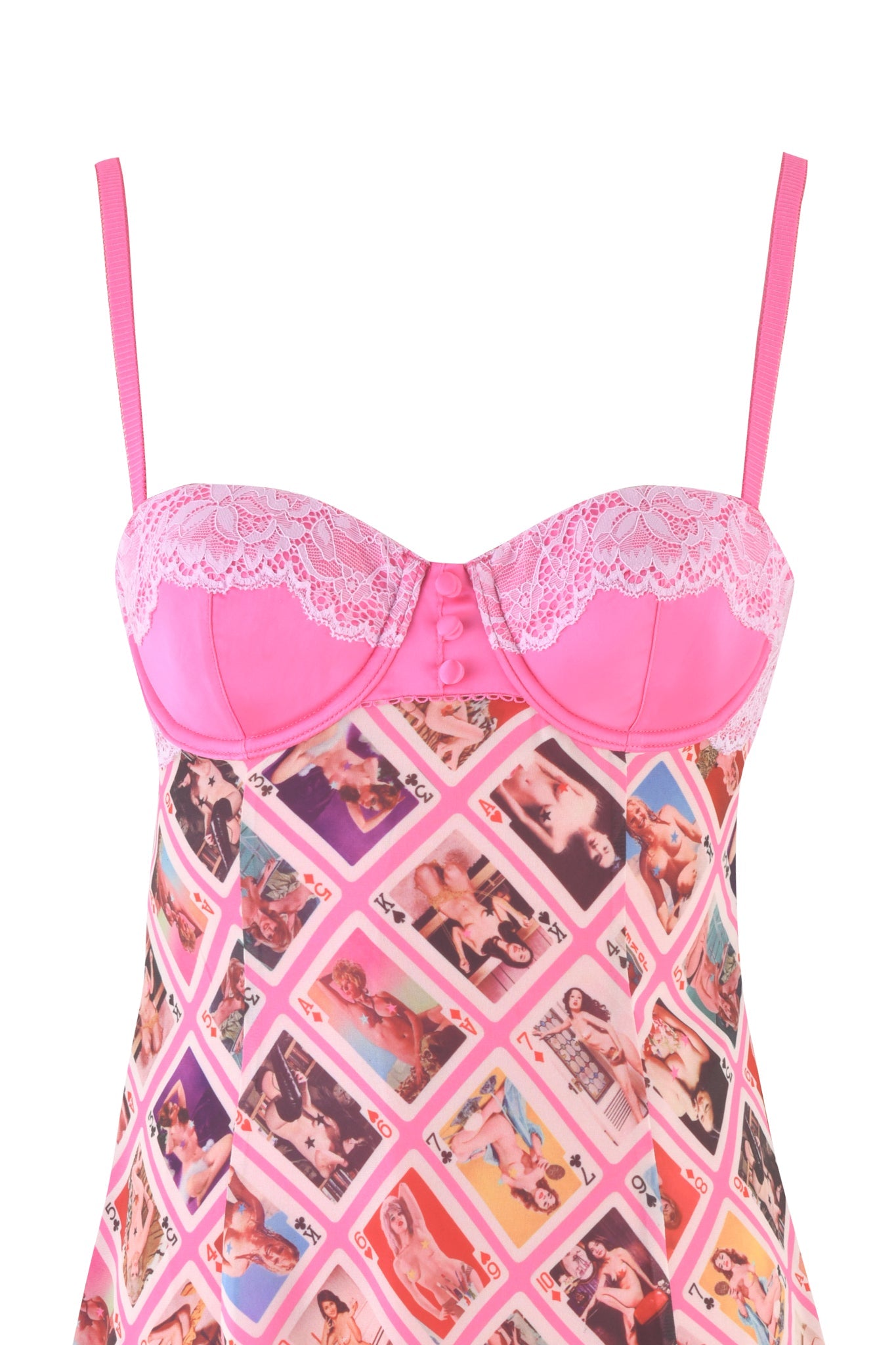 The LUELLA MINI DRESS - PINK by I.AM.GIA is a pink slip dress with spaghetti straps, lace bust detail, and an exclusive GIA Face Card print of vintage-style pin-up cards.