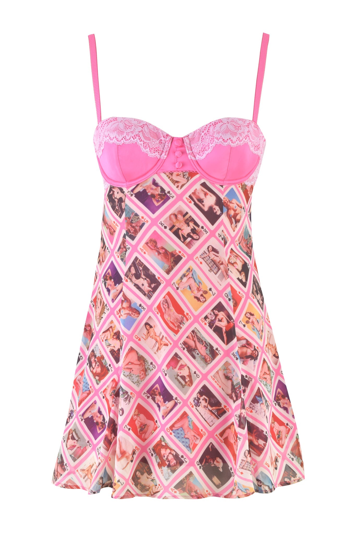 The LUELLA MINI DRESS - PINK by I.AM.GIA features thin straps, exclusive GIA Face Card print with vintage comic panels, reminiscent of vintage lingerie, and includes lace detailing and button accents.