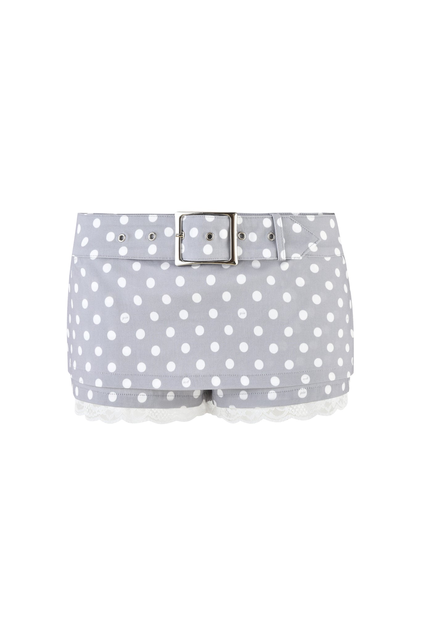 The MELDA MINI SKORT - GREY by I.AM.GIA features a polka dot design with a square belt buckle and delicate lace trim on the hem.