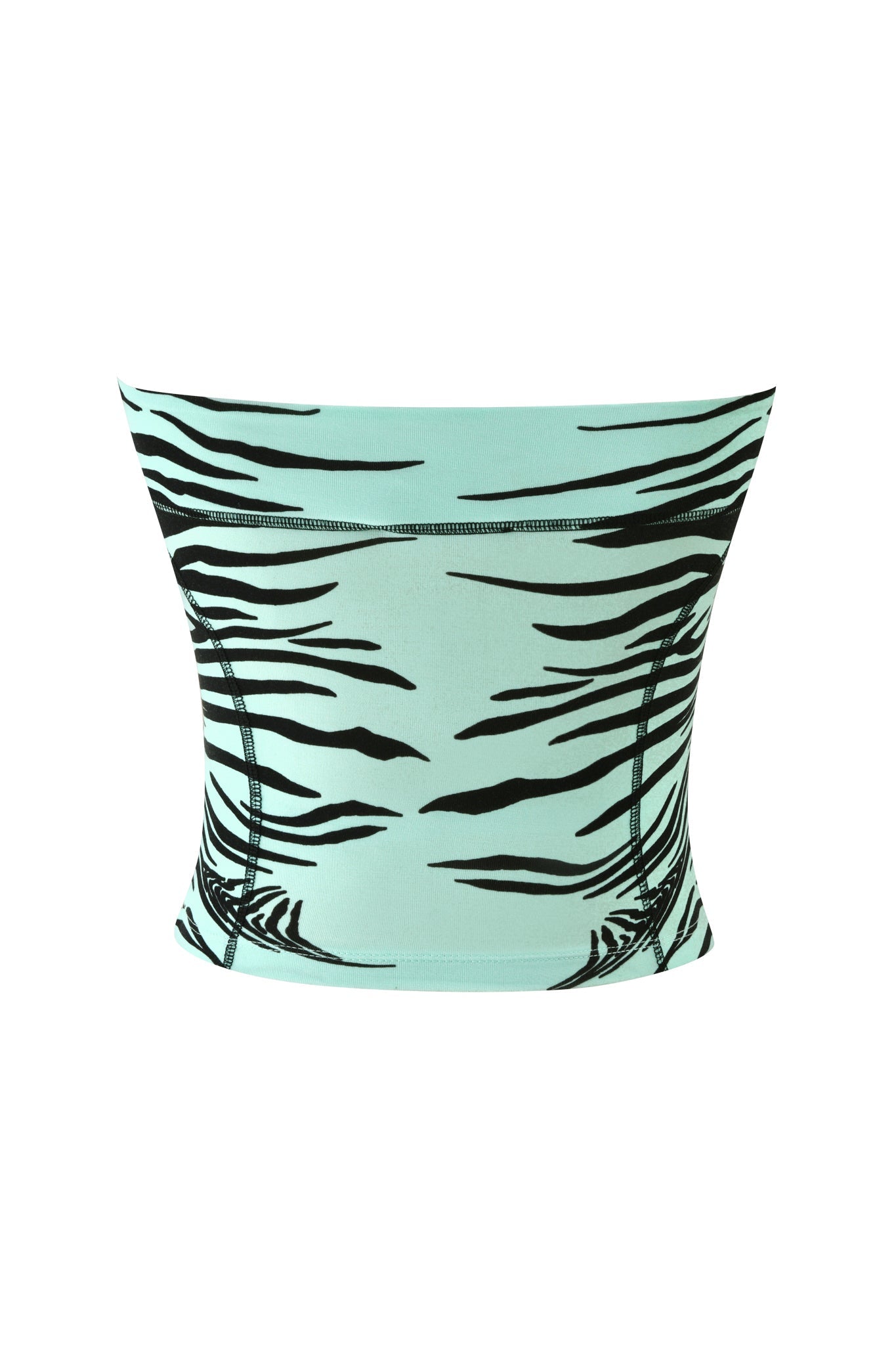 The I.AM.GIA BLARE BOOB TUBE in Aqua Fine Line Zebra is a mint green crop top in a classic boob tube style, featuring a striking black zebra stripe pattern and visible stitching details.