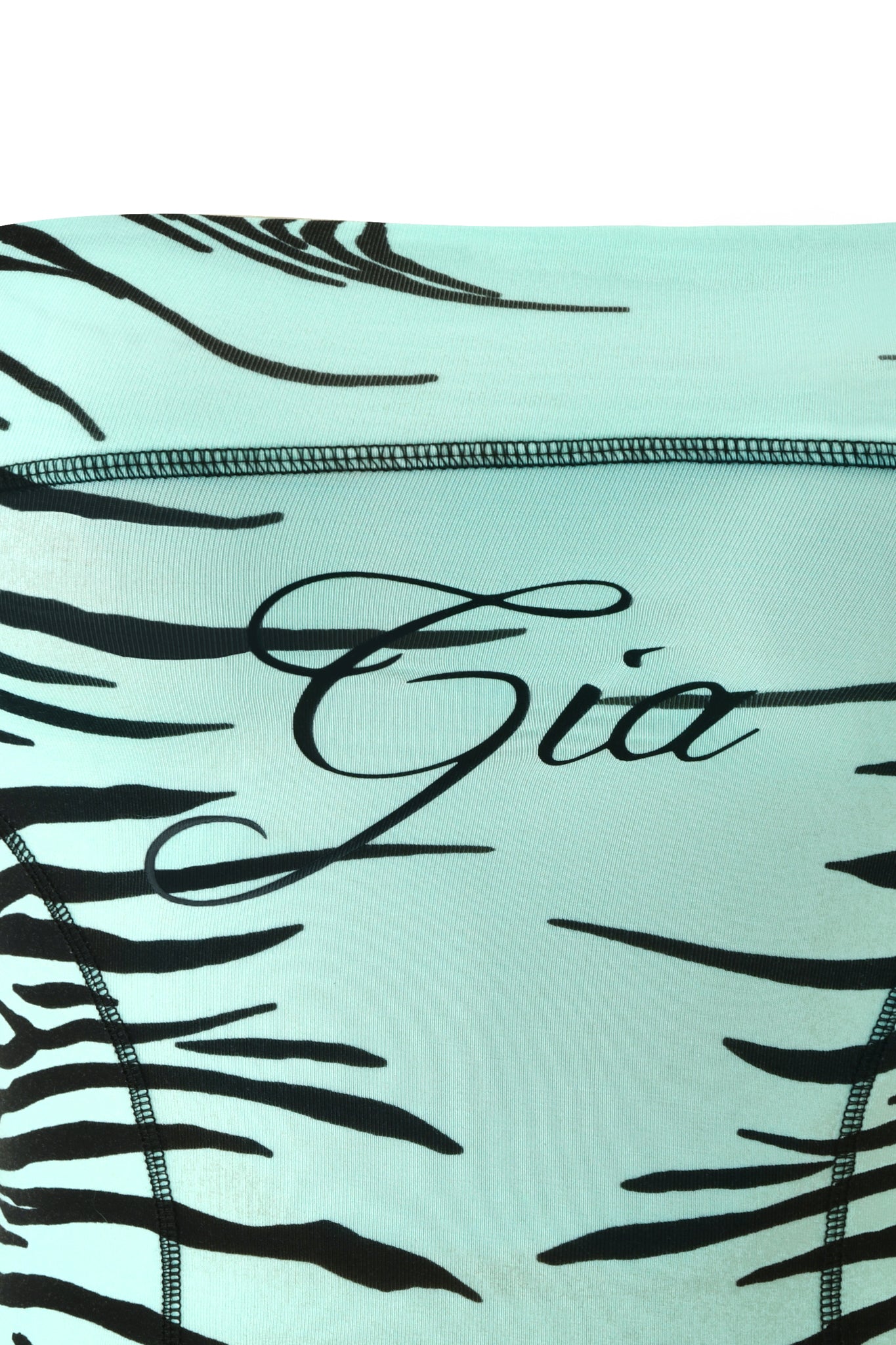Close-up of the BLARE BOOB TUBE by I.AM.GIA, featuring an aqua fine line zebra print with black stripes and “Gia” elegantly scripted across the center—perfect for a trendy crop top or chic boob tube look.