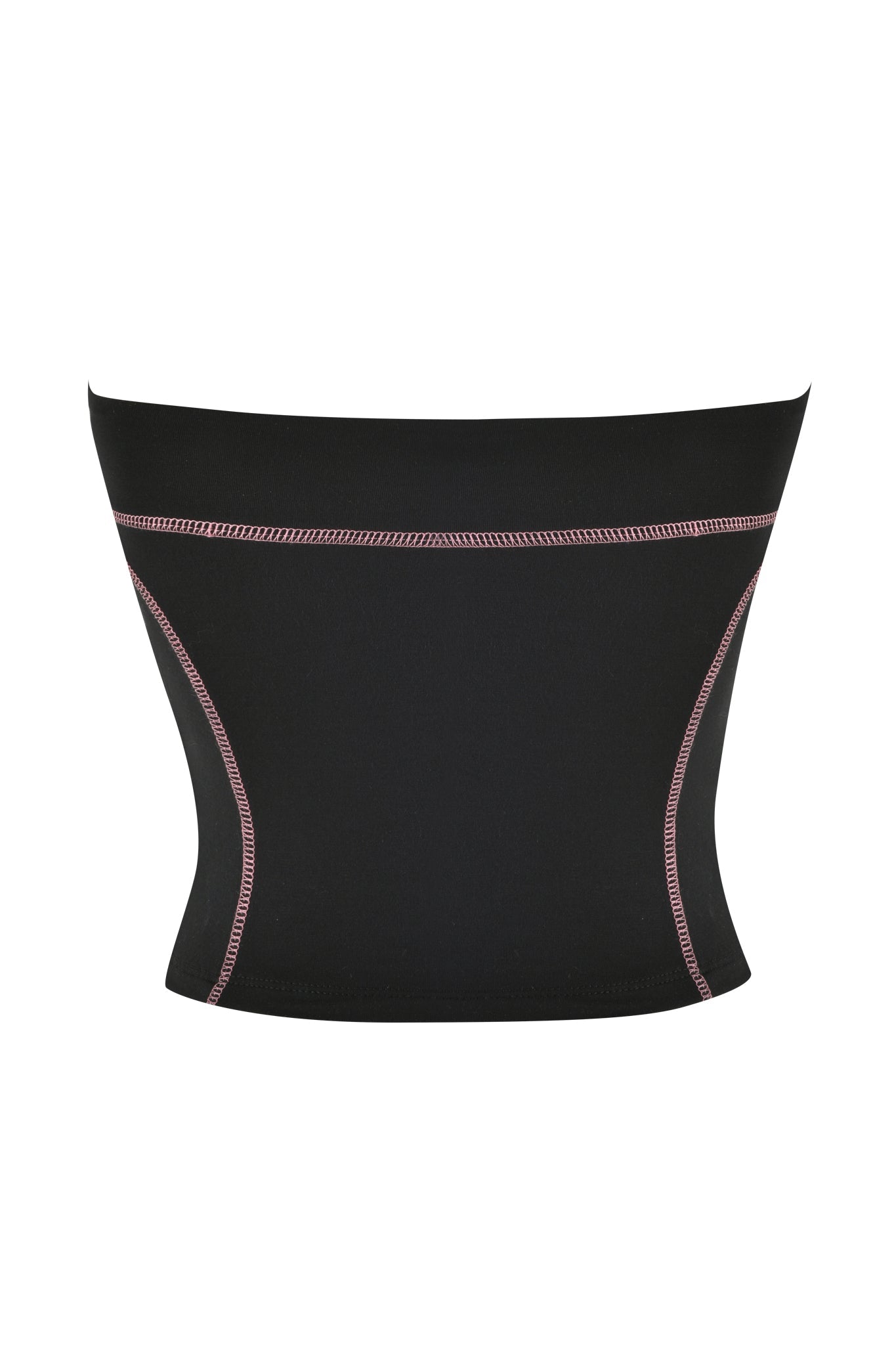 The BLARE BOOB TUBE - BLACK by I.AM.GIA is a black strapless shapewear featuring pink sporty seams for slimming and support, with smooth, stretchy fabric highlighted by the I.AM.GIA logo. Displayed on a plain white background, it doubles as a chic boob tube top.