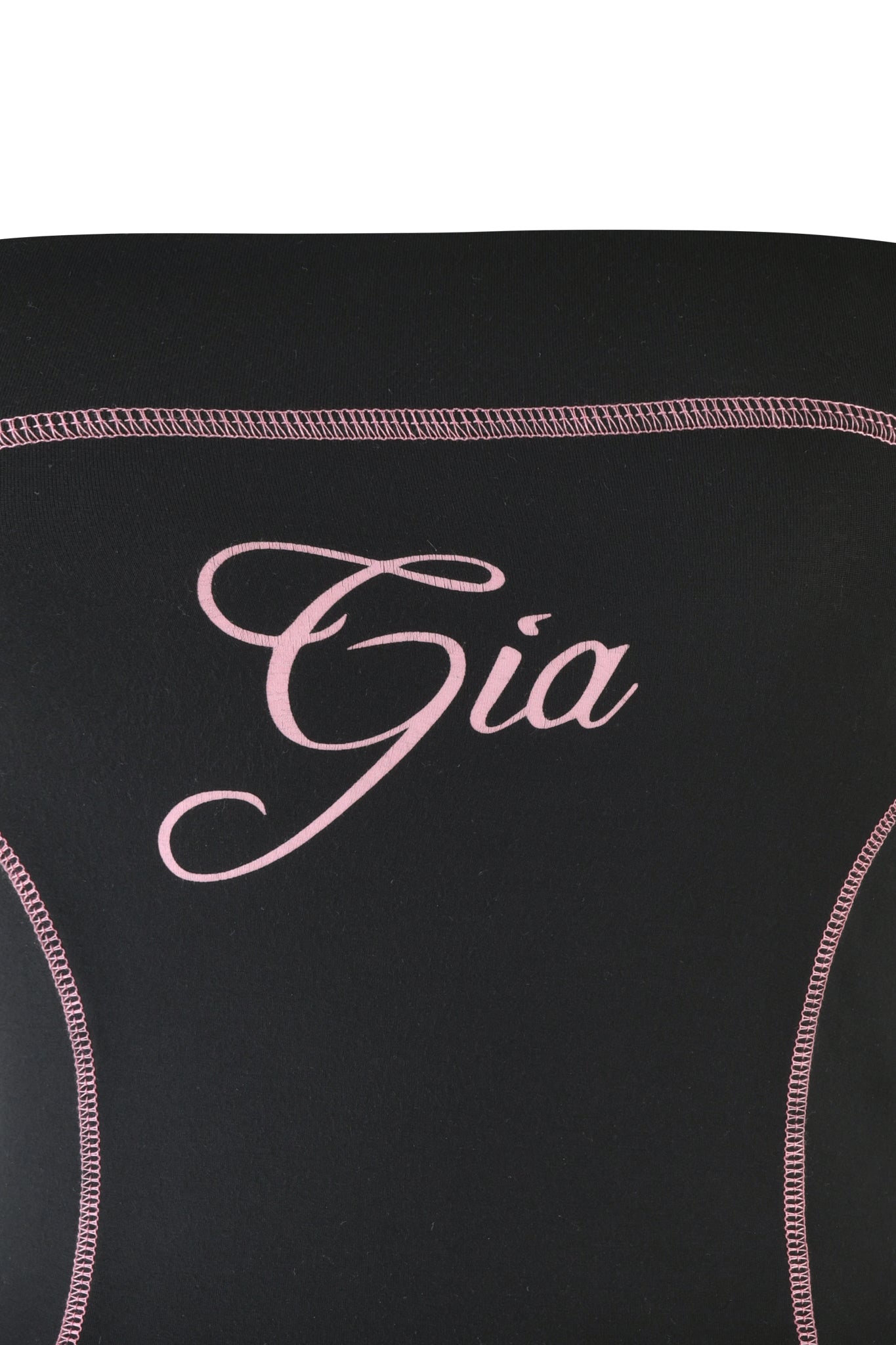 Close-up of the black "BLARE BOOB TUBE" by I.AM.GIA, showcasing the name "Gia" in elegant pink script embroidery. The I.AM.GIA logo adds style, while visible sporty seams highlight craftsmanship and attention to detail.
