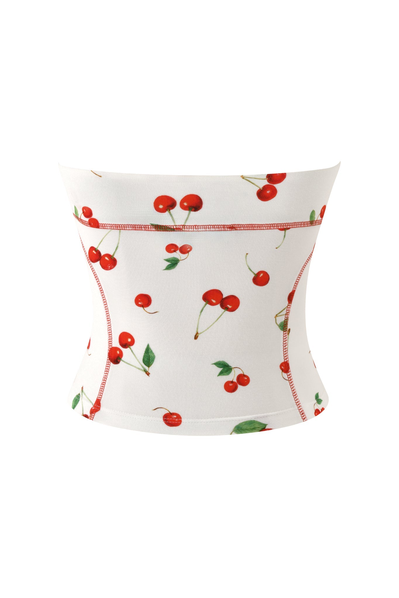 The BLARE BOOB TUBE - CHERRY ON TOP by I.AM.GIA is a white, strapless top featuring red cherry accents and red stitching, shown on a plain white background.