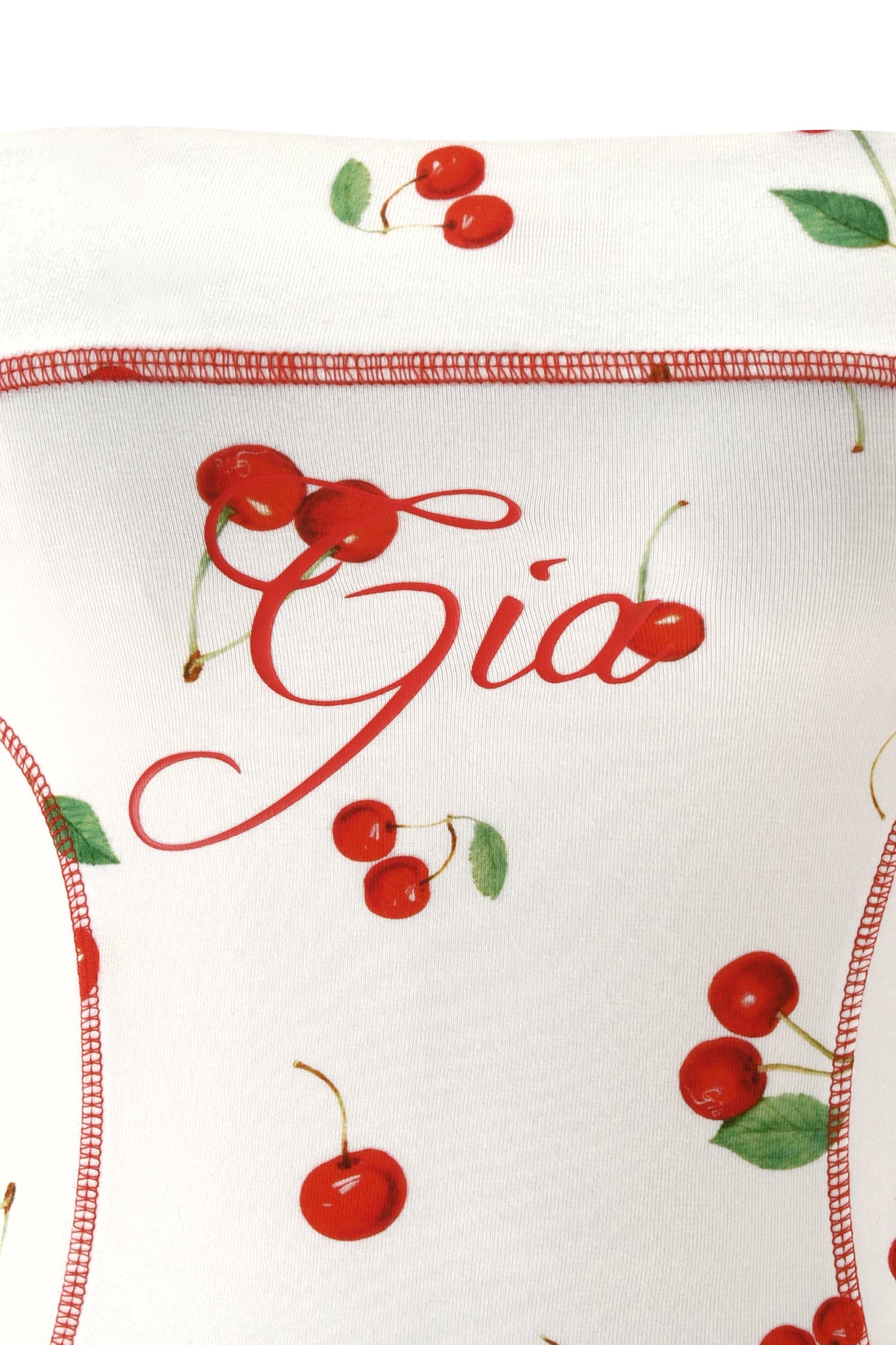 The I.AM.GIA BLARE BOOB TUBE - CHERRY ON TOP features white fabric adorned with playful red cherries and green leaves, as well as “Gia” in bold red cursive—a cheerful cherry print reminiscent of the iconic I.AM.GIA Blare set.