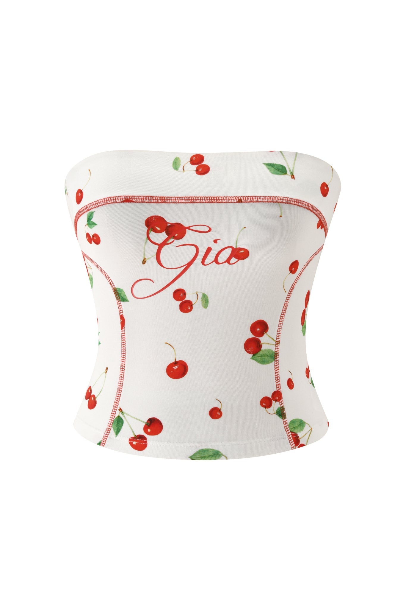 The BLARE BOOB TUBE - CHERRY ON TOP by I.AM.GIA features a white strapless design with a red cherry print, red stitching, and “Gia” written in cursive on the front—perfect for mixing and matching with other Blare pieces or wearing as a playful cherry-print crop top.