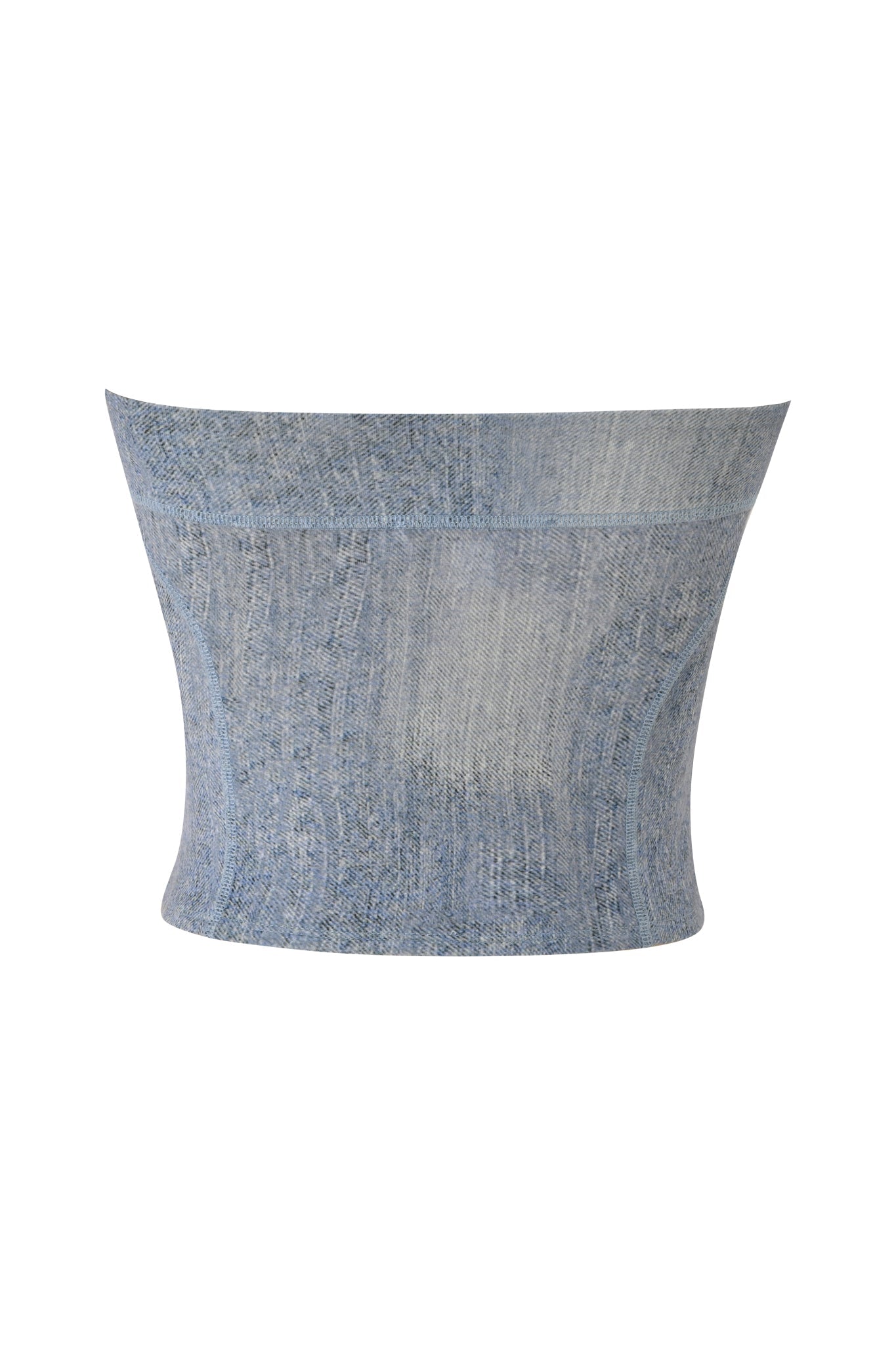 The I.AM.GIA BLARE BOOB TUBE - DENIM TROMPE L'OEIL is a light blue, strapless, bodycon crop top with a denim-look and subtle trompe l'oeil print, shown on a plain white background.