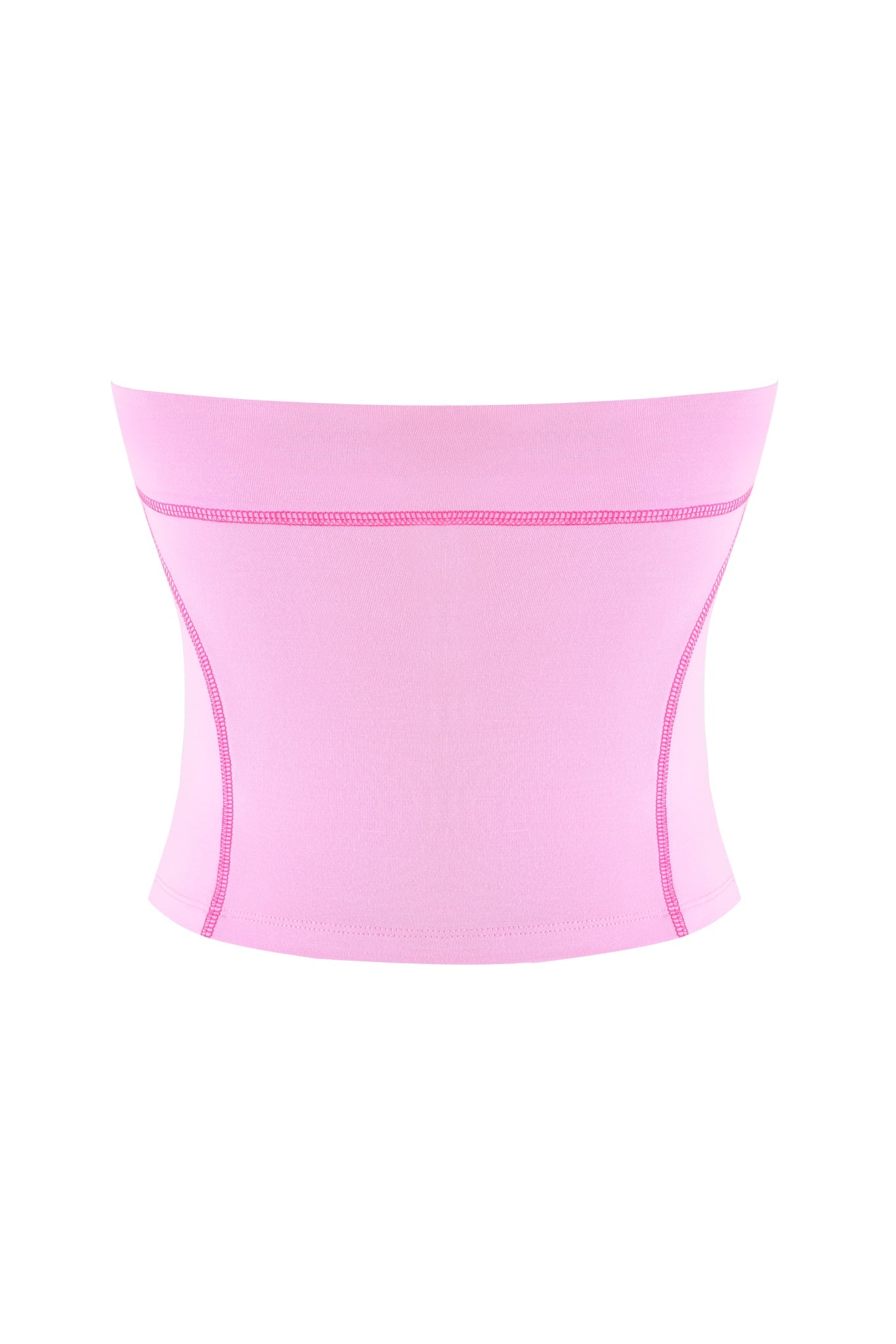 The BLARE BOOB TUBE by I.AM.GIA features a bubblegum pink shade and is strapless with subtle contrast stitching on the sides. The stretchy fabric ensures a snug fit, enhancing its fitted design against a white backdrop.