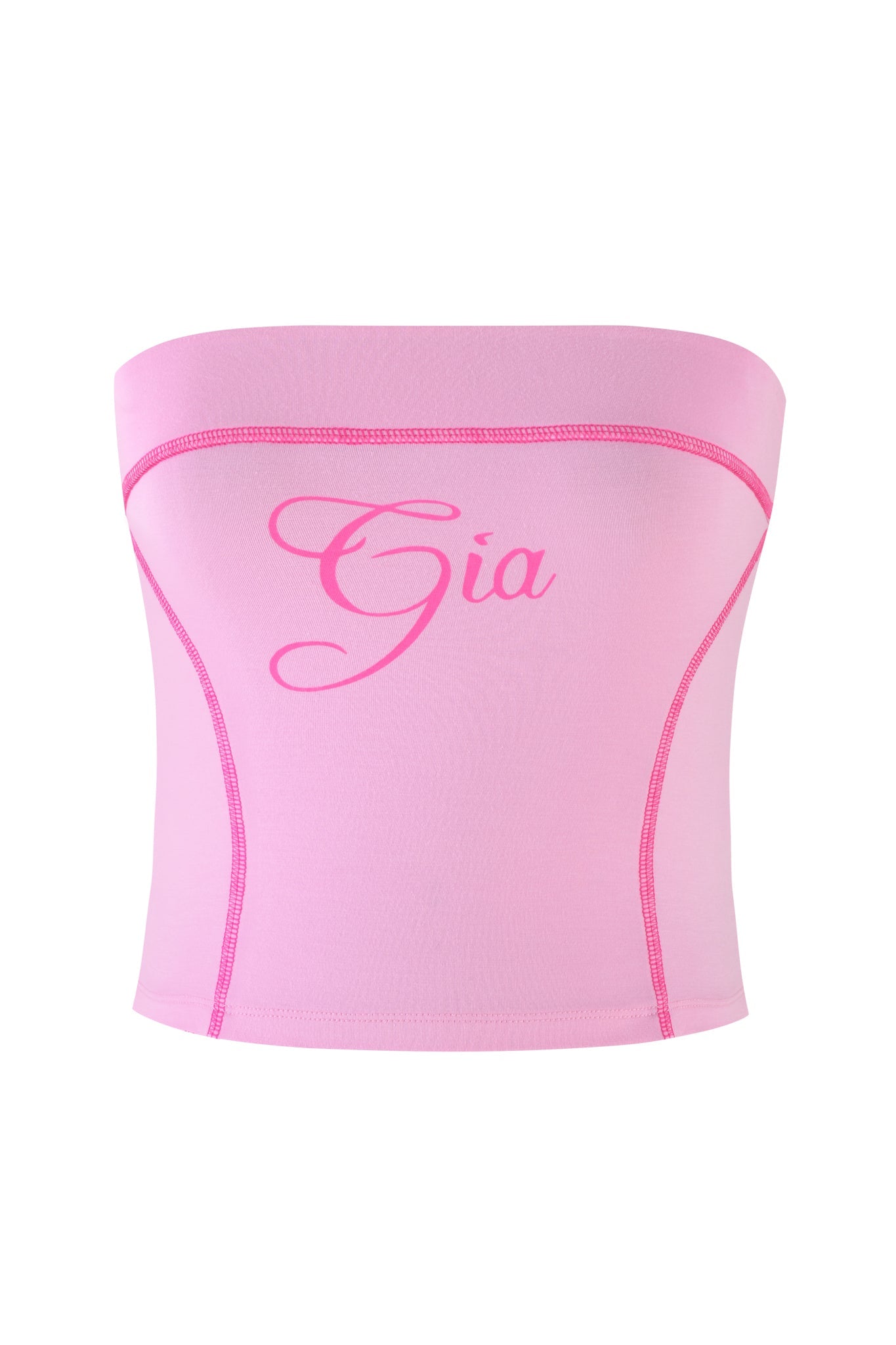Hot pink BLARE BOOB TUBE in bubblegum by I.AM.GIA features "Gia" elegantly written in cursive and a strapless design with darker pink contrast stitching along the sides and top edge, adding sophistication.