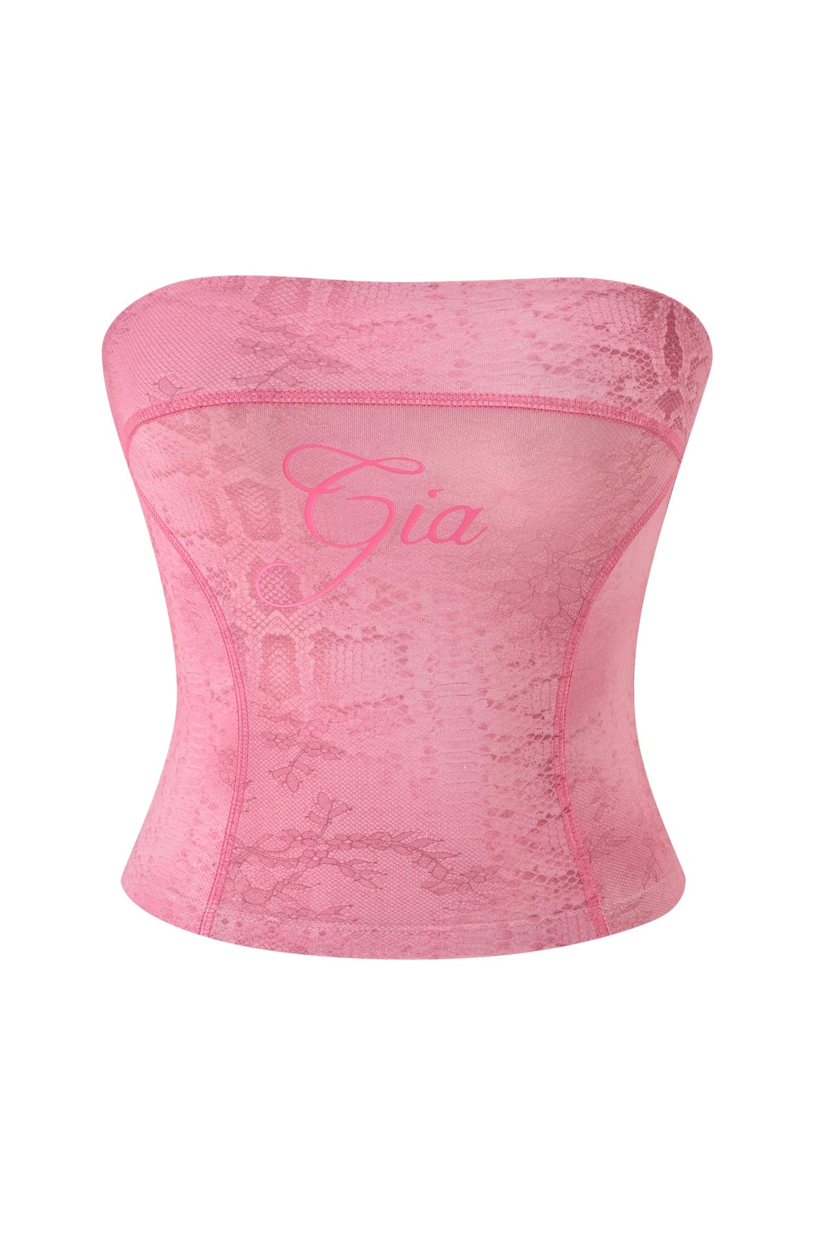 The BLARE BOOB TUBE - LIGHT PINK SERPENTINE by I.AM.GIA is a pink strapless corset-style top featuring a delicate serpentine lace pattern and a form-fitting, elegant silhouette with bold boob tube styling.